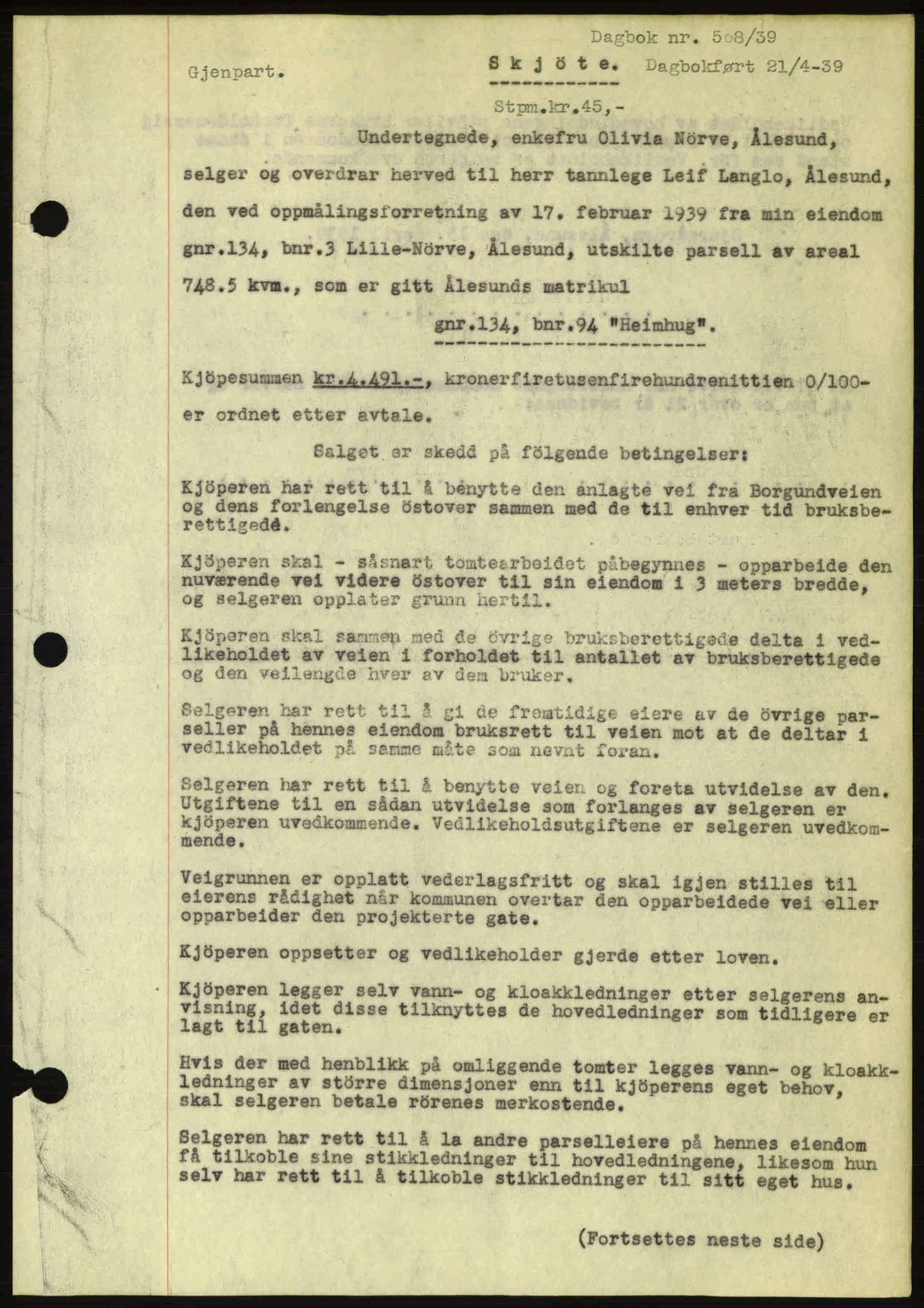 Ålesund byfogd, AV/SAT-A-4384: Pantebok nr. 34 II, 1938-1940, Dagboknr: 508/1939