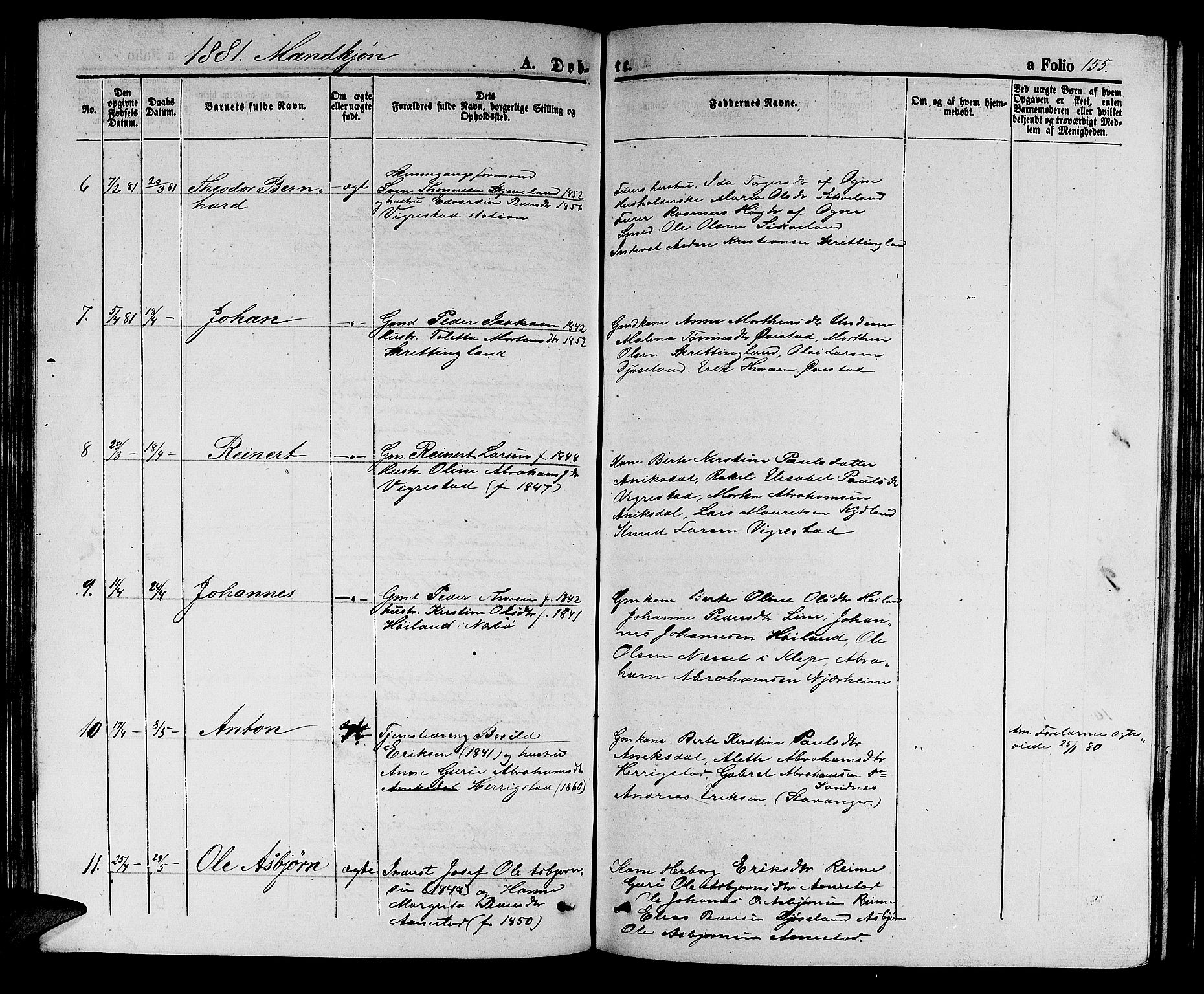 Hå sokneprestkontor, AV/SAST-A-101801/001/30BB/L0002: Klokkerbok nr. B 2, 1854-1883, s. 155