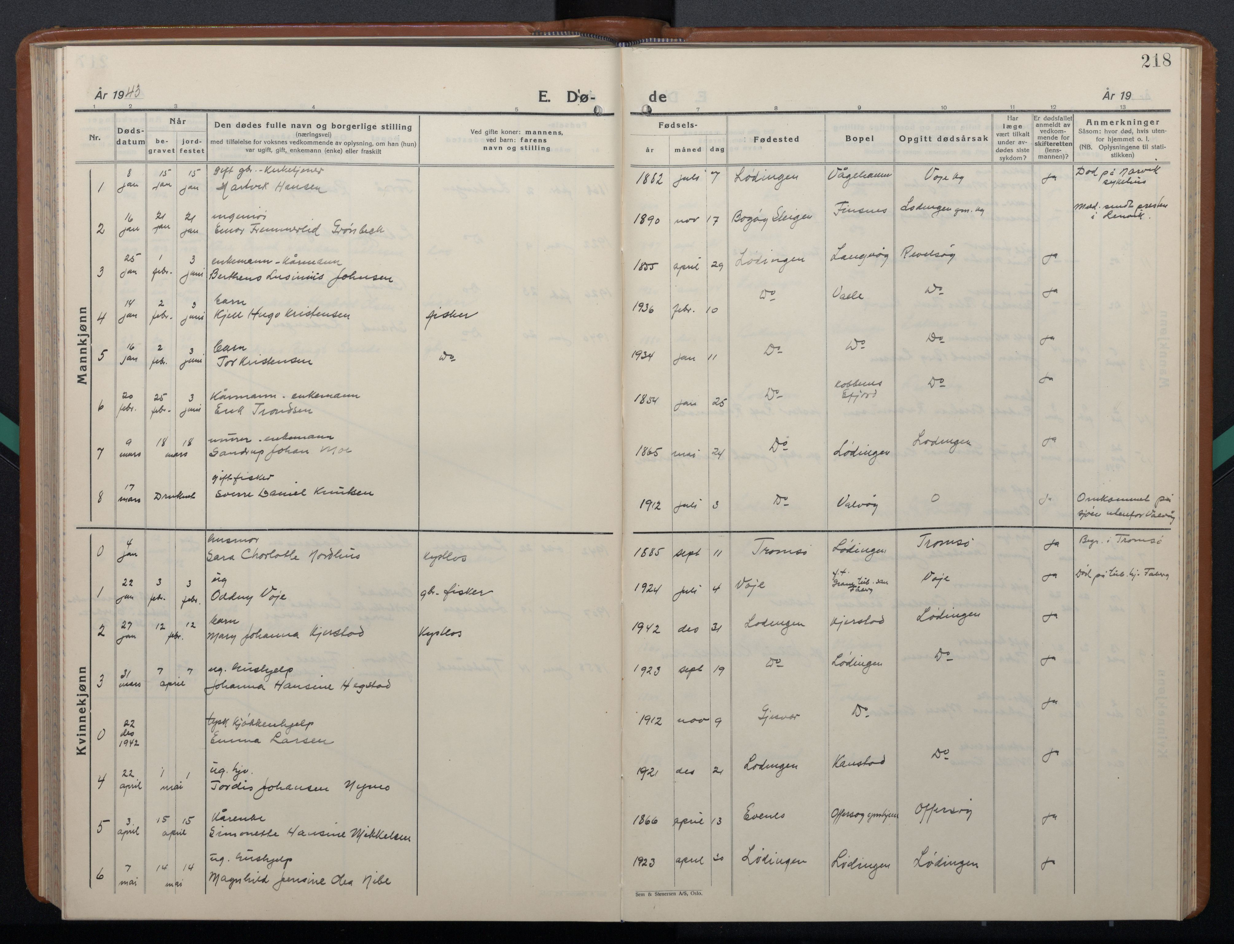 Ministerialprotokoller, klokkerbøker og fødselsregistre - Nordland, AV/SAT-A-1459/872/L1051: Klokkerbok nr. 872C07, 1939-1947, s. 218