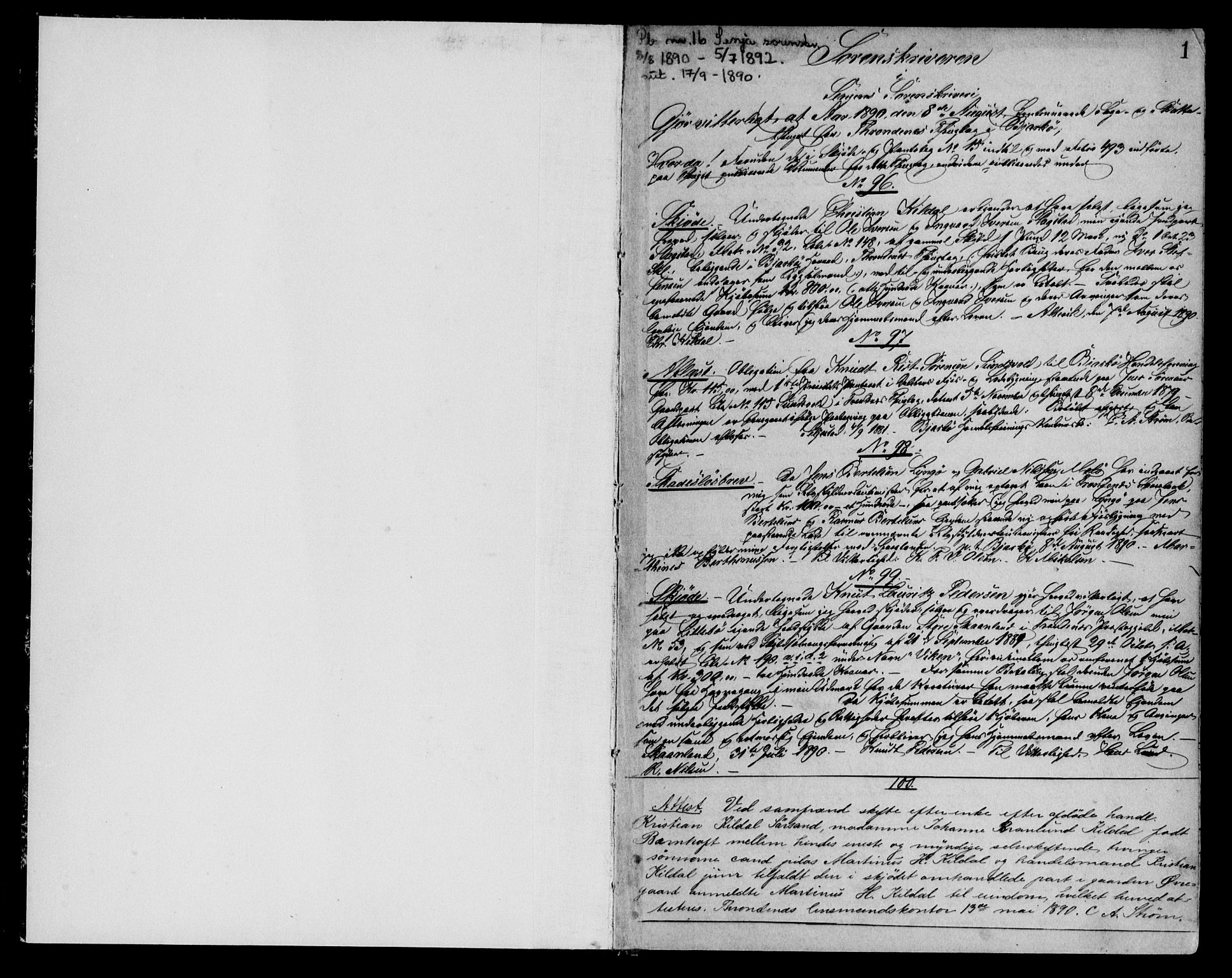 Senja sorenskriveri 1855-, SATØ/S-0048/1/H/Hd/L0016: Pantebok nr. 16, 1890-1892, s. 1