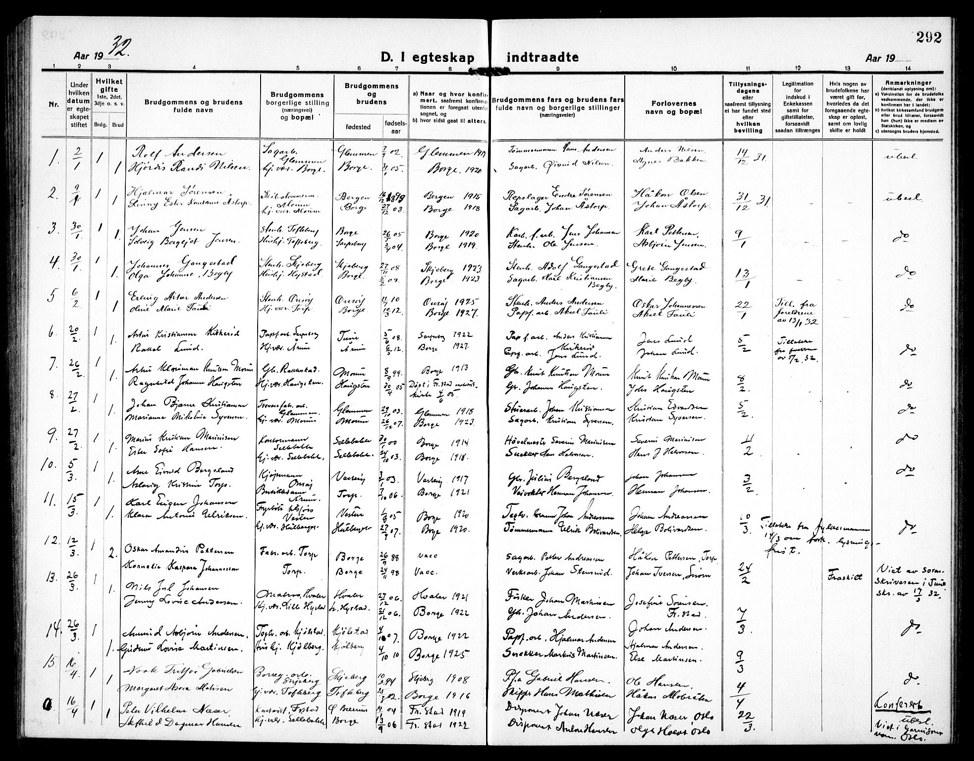 Borge prestekontor Kirkebøker, AV/SAO-A-10903/G/Ga/L0003: Klokkerbok nr. I 3, 1918-1939, s. 292