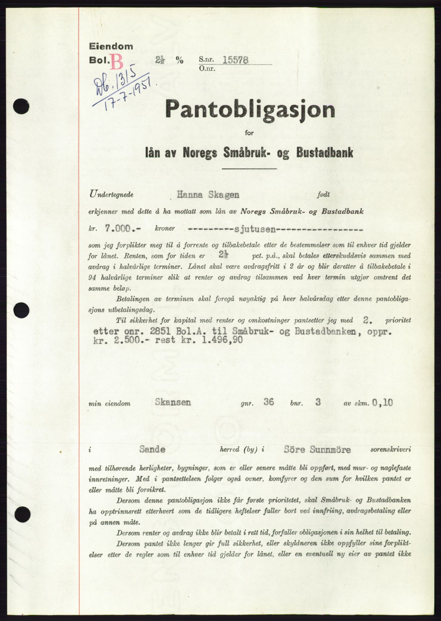 Søre Sunnmøre sorenskriveri, AV/SAT-A-4122/1/2/2C/L0120: Pantebok nr. 8B, 1951-1951, Dagboknr: 1315/1951