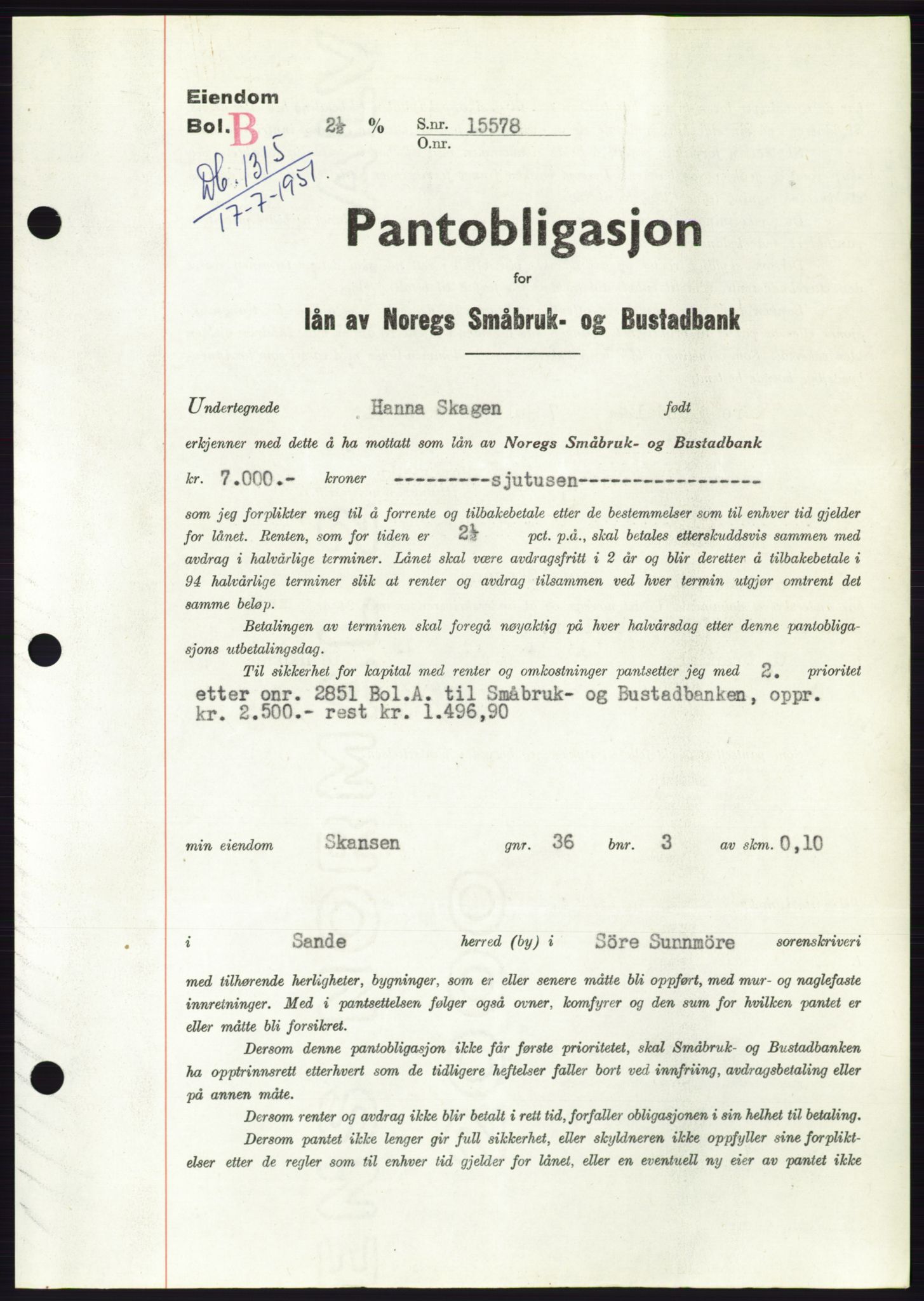 Søre Sunnmøre sorenskriveri, SAT/A-4122/1/2/2C/L0120: Pantebok nr. 8B, 1951-1951, Dagboknr: 1315/1951