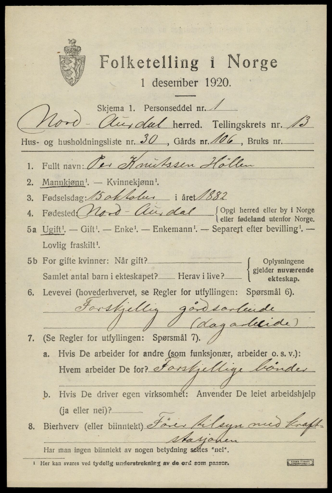 SAH, Folketelling 1920 for 0542 Nord-Aurdal herred, 1920, s. 10788