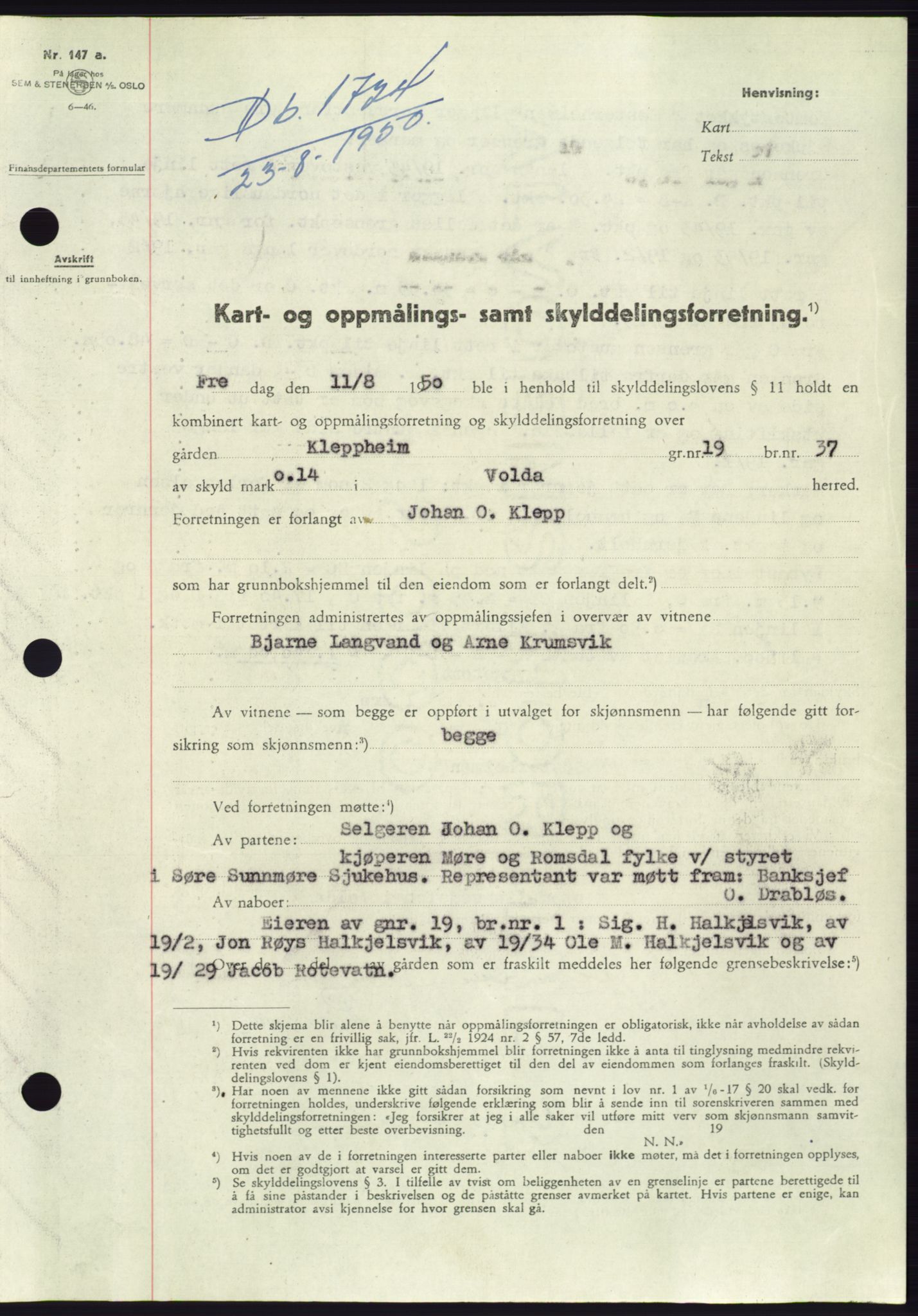 Søre Sunnmøre sorenskriveri, SAT/A-4122/1/2/2C/L0087: Pantebok nr. 13A, 1950-1950, Dagboknr: 1724/1950