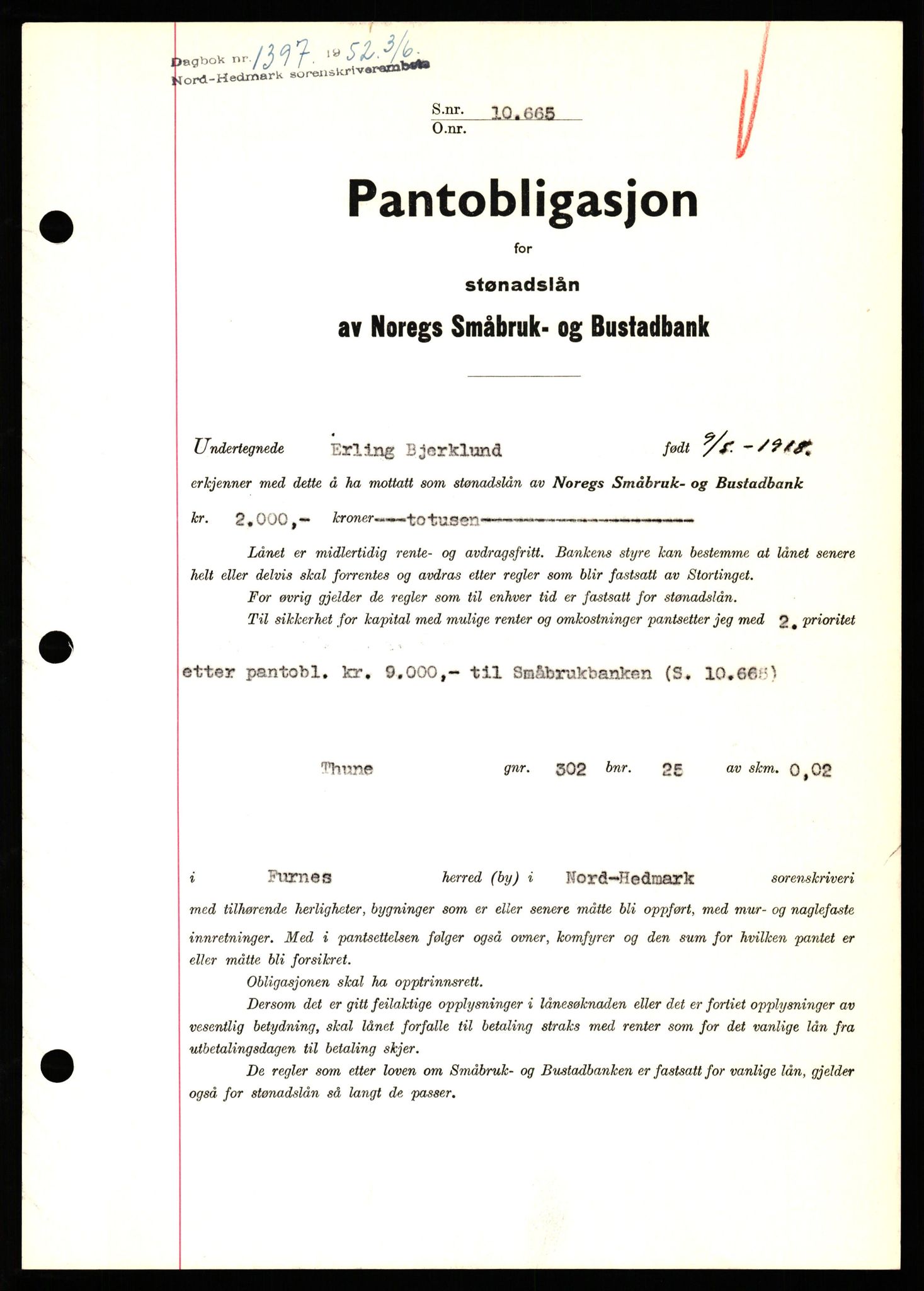 Nord-Hedmark sorenskriveri, SAH/TING-012/H/Hb/Hbf/L0025: Pantebok nr. B25, 1952-1952, Dagboknr: 1397/1952