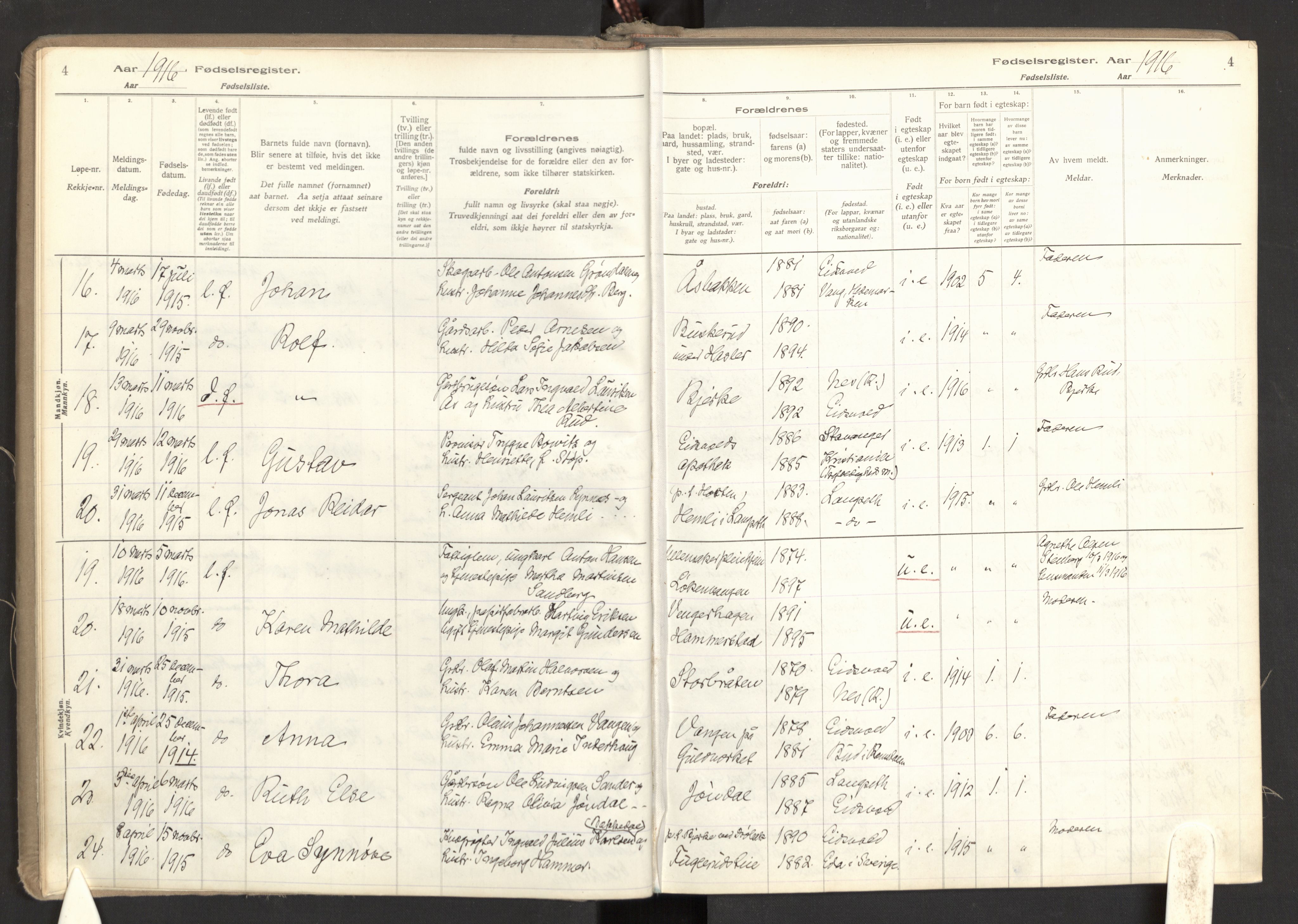 Eidsvoll prestekontor Kirkebøker, AV/SAO-A-10888/J/Ja/L0001: Fødselsregister nr. I 1, 1916-1924, s. 4