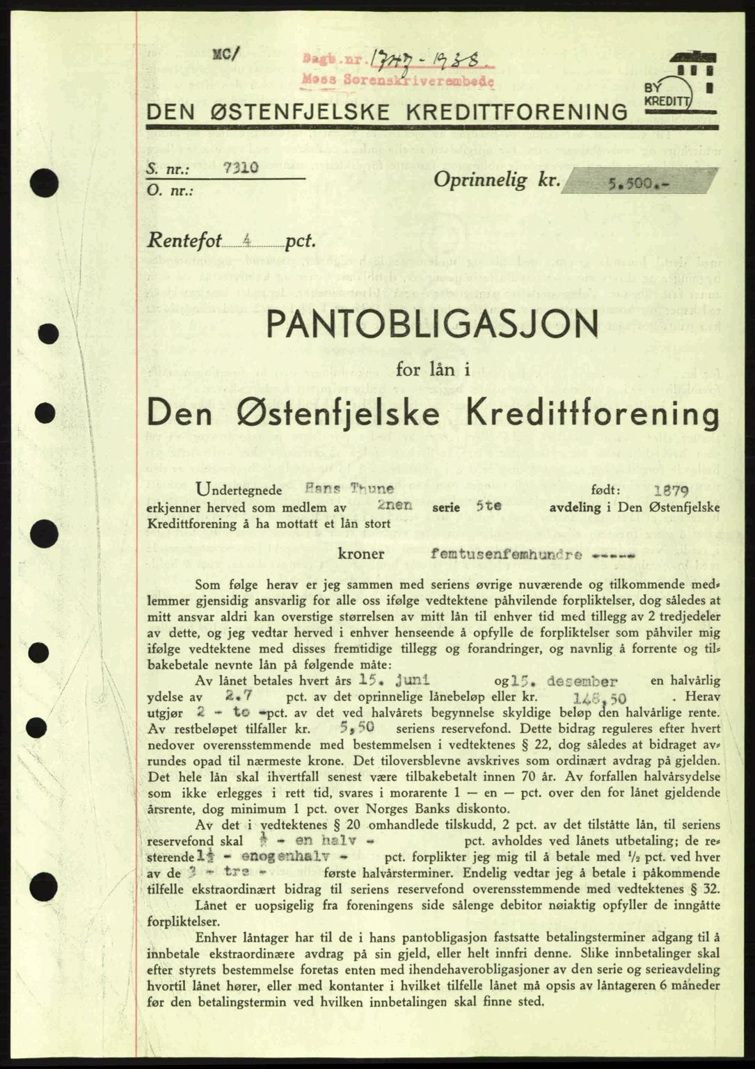 Moss sorenskriveri, SAO/A-10168: Pantebok nr. B6, 1938-1938, Dagboknr: 1747/1938