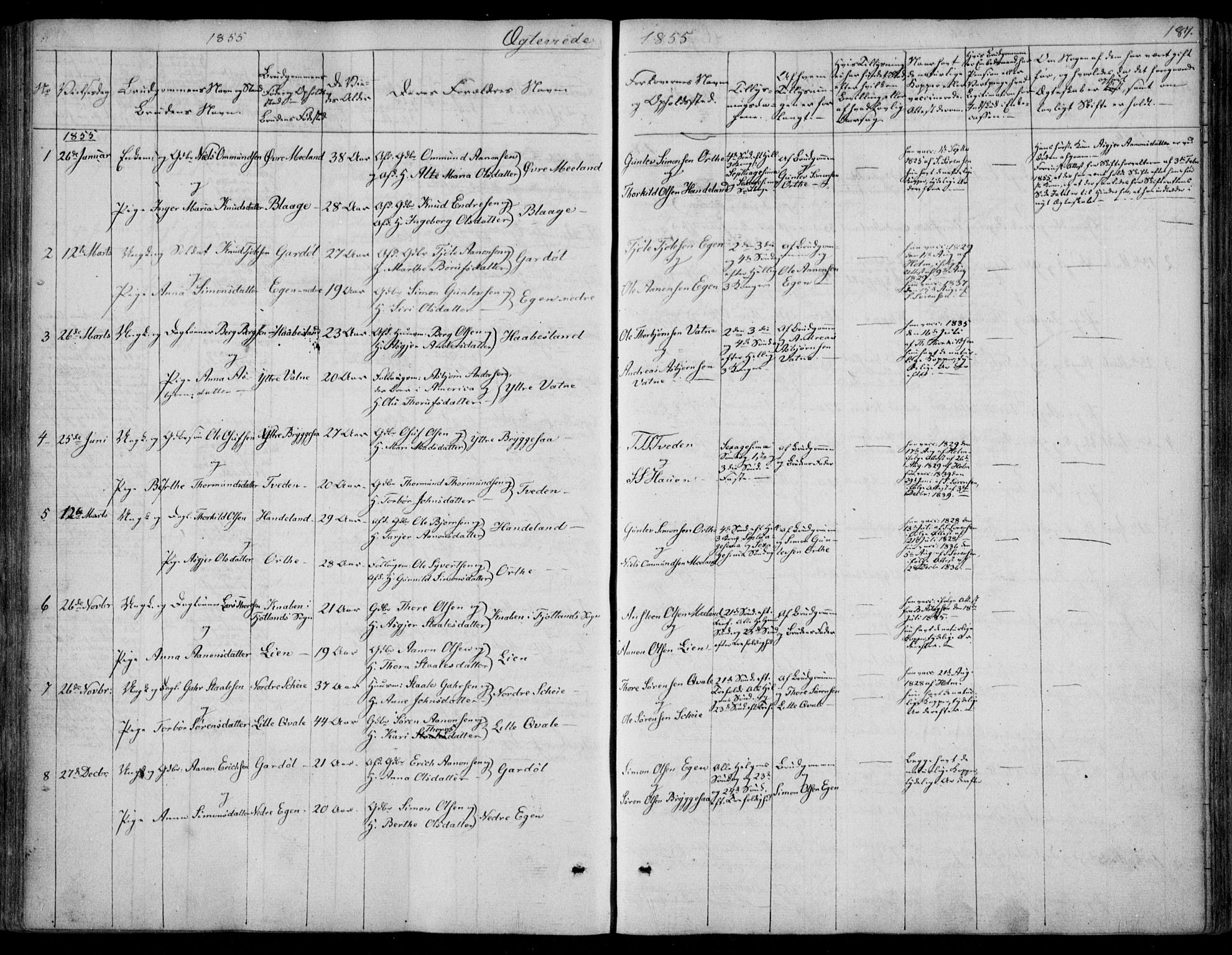 Hægebostad sokneprestkontor, SAK/1111-0024/F/Fa/Fab/L0002: Ministerialbok nr. A 2, 1836-1872, s. 187