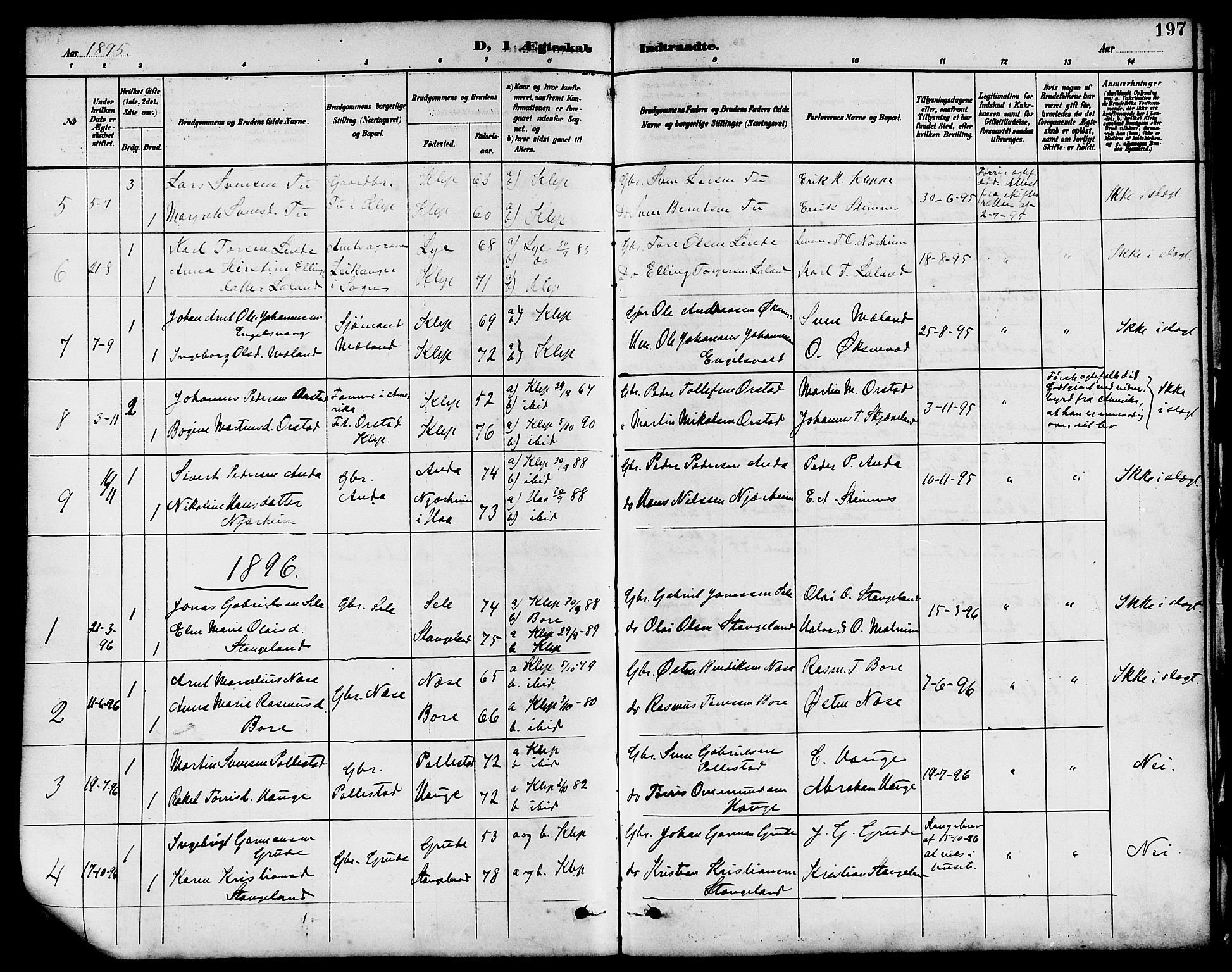 Klepp sokneprestkontor, SAST/A-101803/001/3/30BB/L0004: Klokkerbok nr. B 4, 1889-1914, s. 197