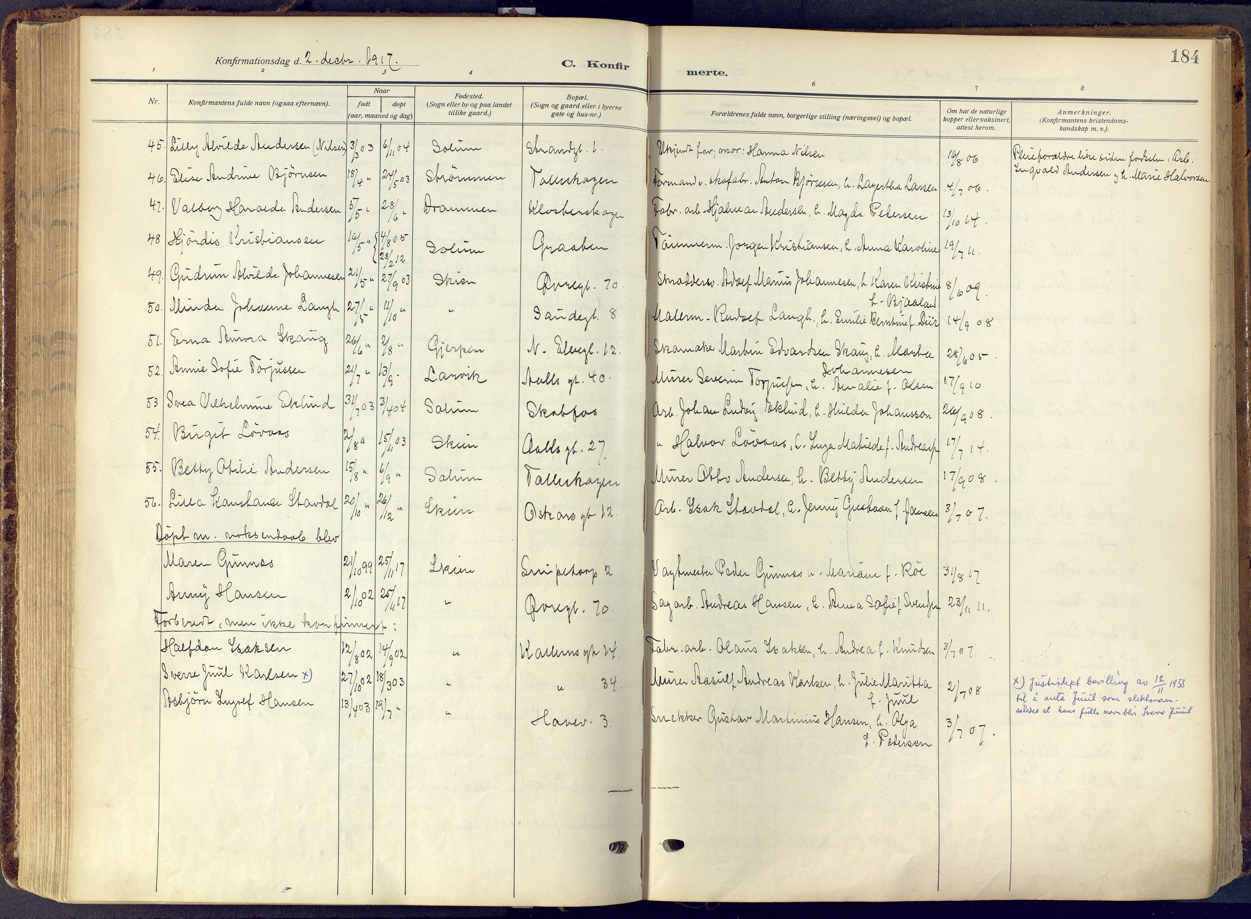 Skien kirkebøker, SAKO/A-302/F/Fa/L0013: Ministerialbok nr. 13, 1915-1921, s. 184