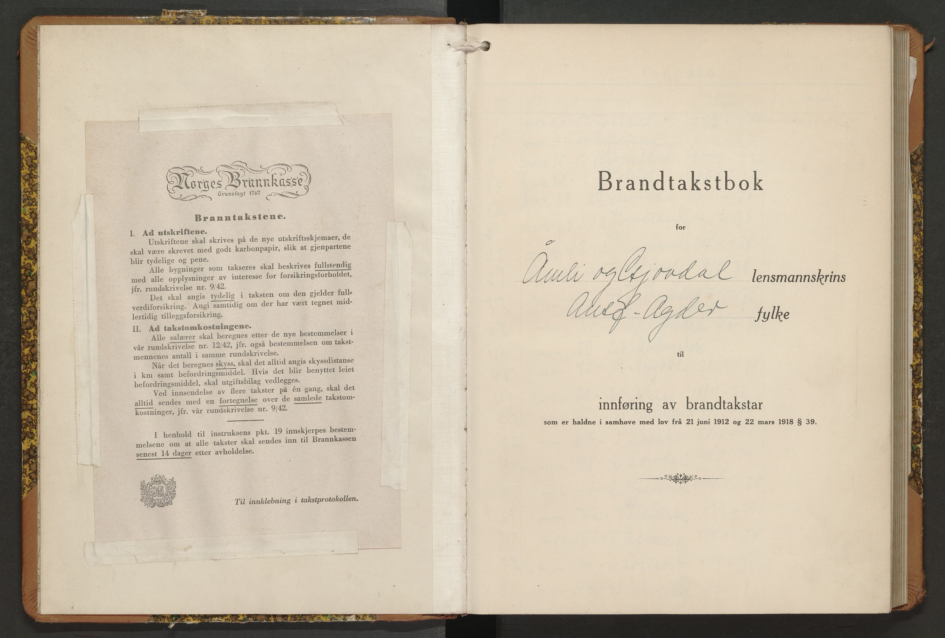 Norges Brannkasse Åmli og Gjøvdal, SAK/2241-0061/F/Fa/L0008: Branntakstprotokoll nr. 8 med originalt register, 1937-1949