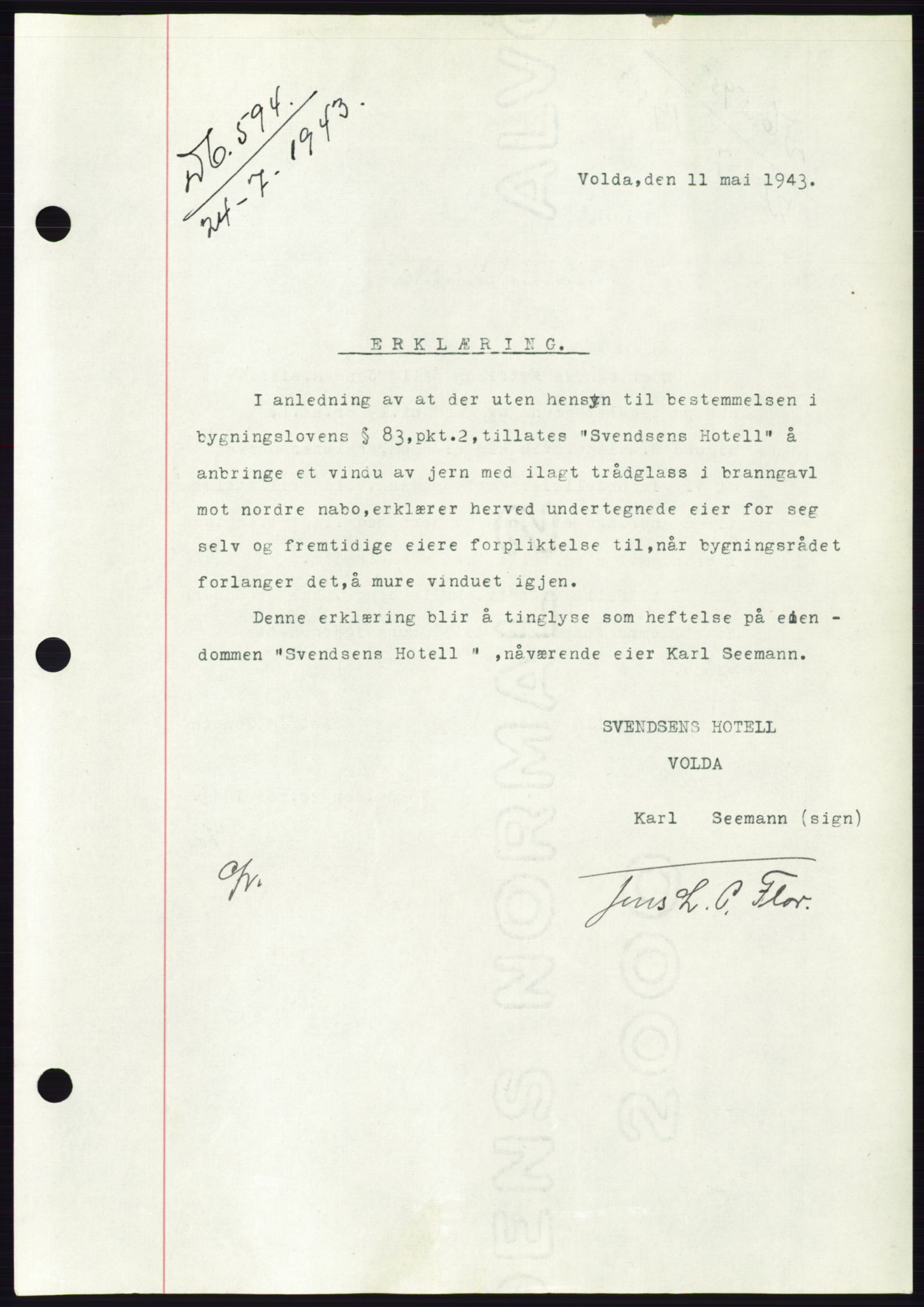 Søre Sunnmøre sorenskriveri, AV/SAT-A-4122/1/2/2C/L0114: Pantebok nr. 1-2B, 1943-1947, Dagboknr: 594/1943