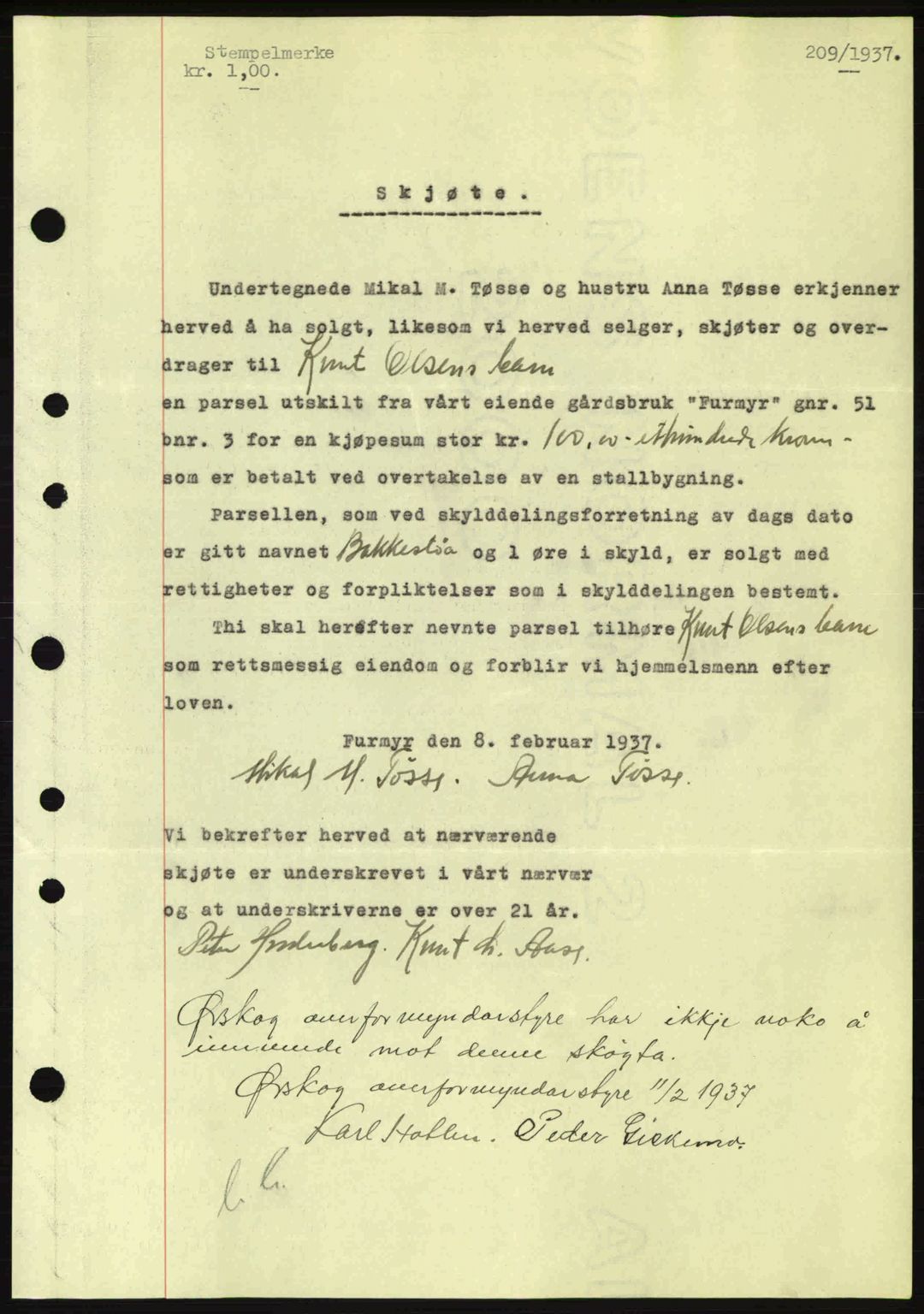 Nordre Sunnmøre sorenskriveri, SAT/A-0006/1/2/2C/2Ca: Pantebok nr. A2, 1936-1937, Dagboknr: 209/1937