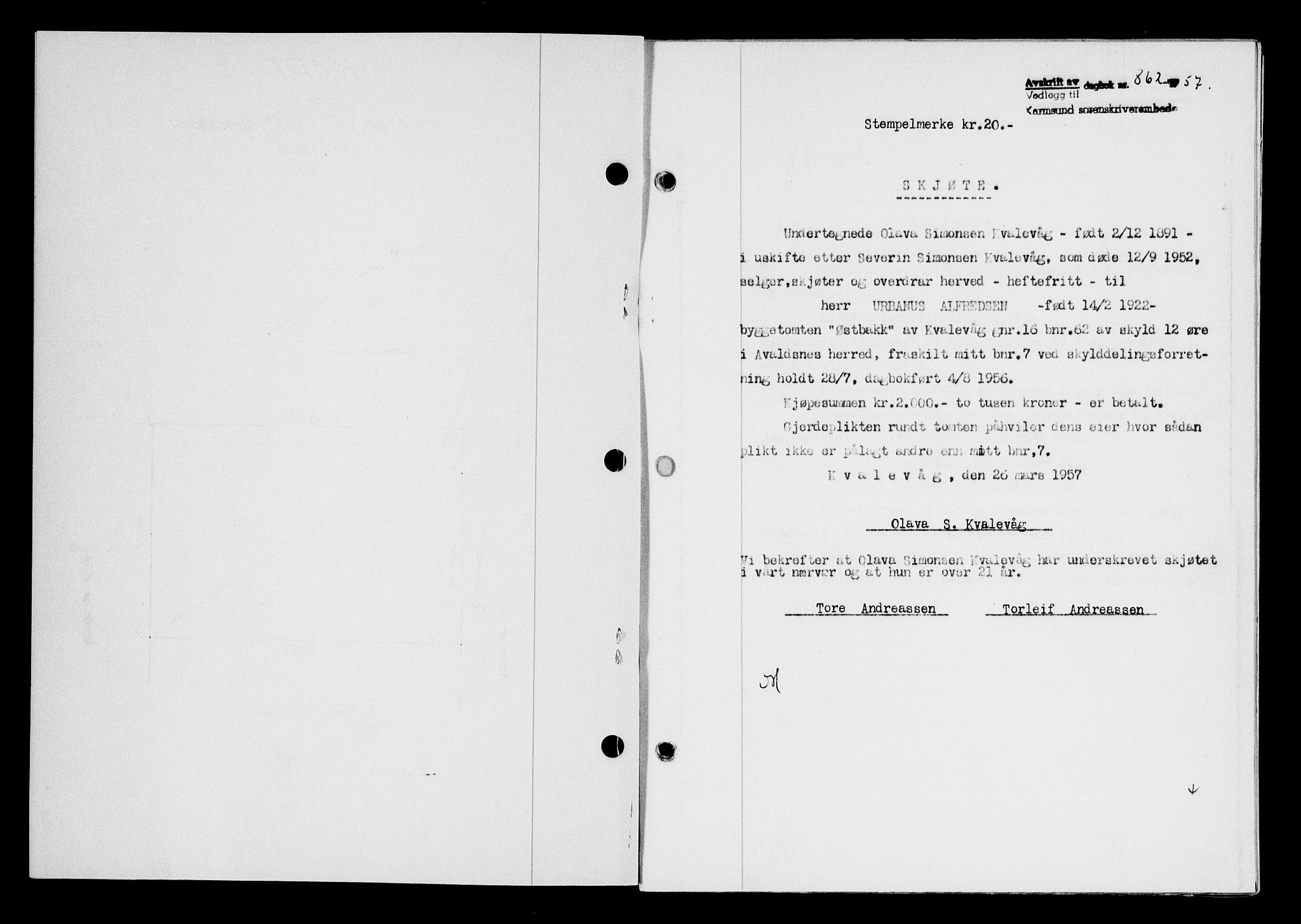 Karmsund sorenskriveri, SAST/A-100311/01/II/IIB/L0124: Pantebok nr. 104A, 1957-1957, Dagboknr: 862/1957