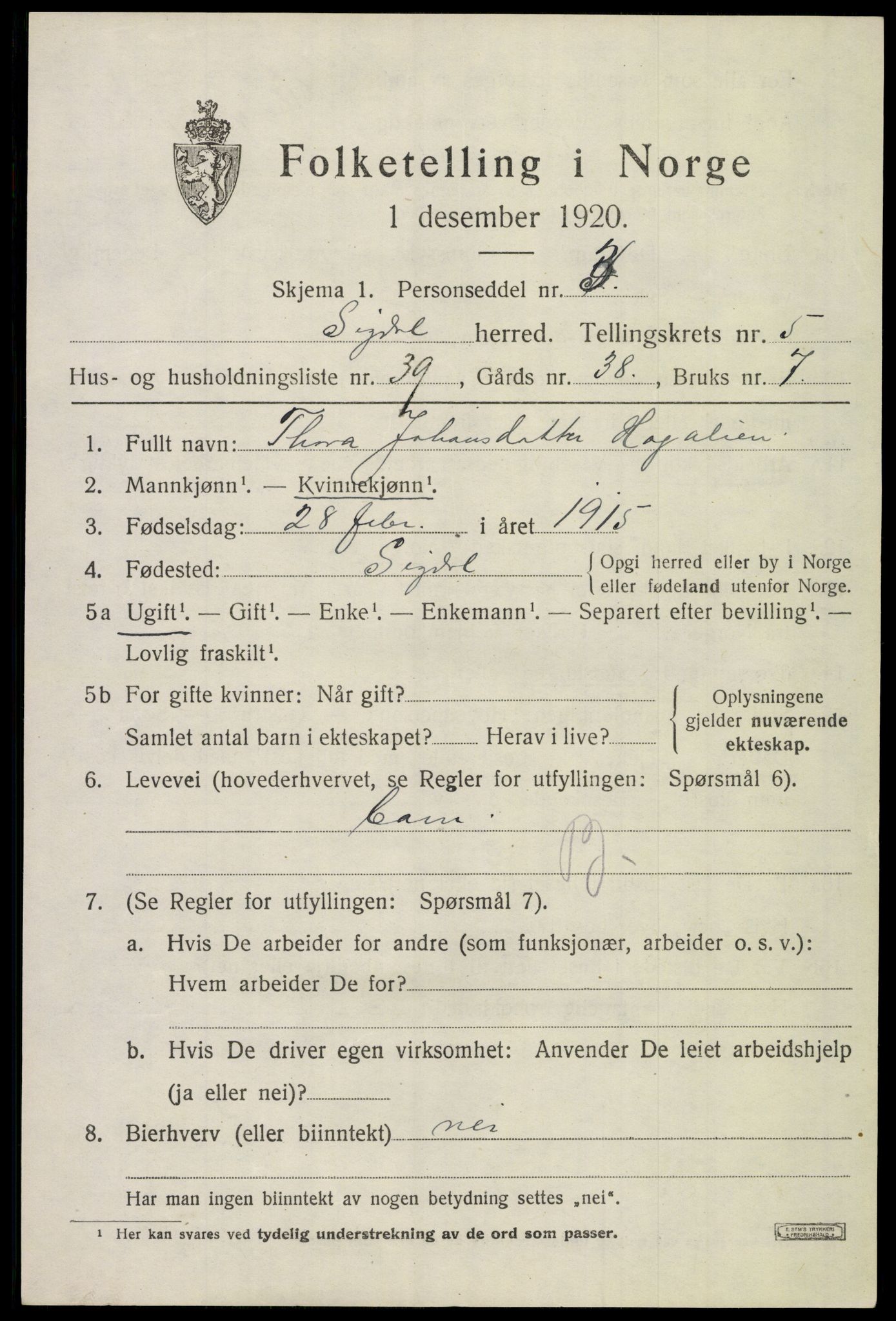 SAKO, Folketelling 1920 for 0621 Sigdal herred, 1920, s. 4228