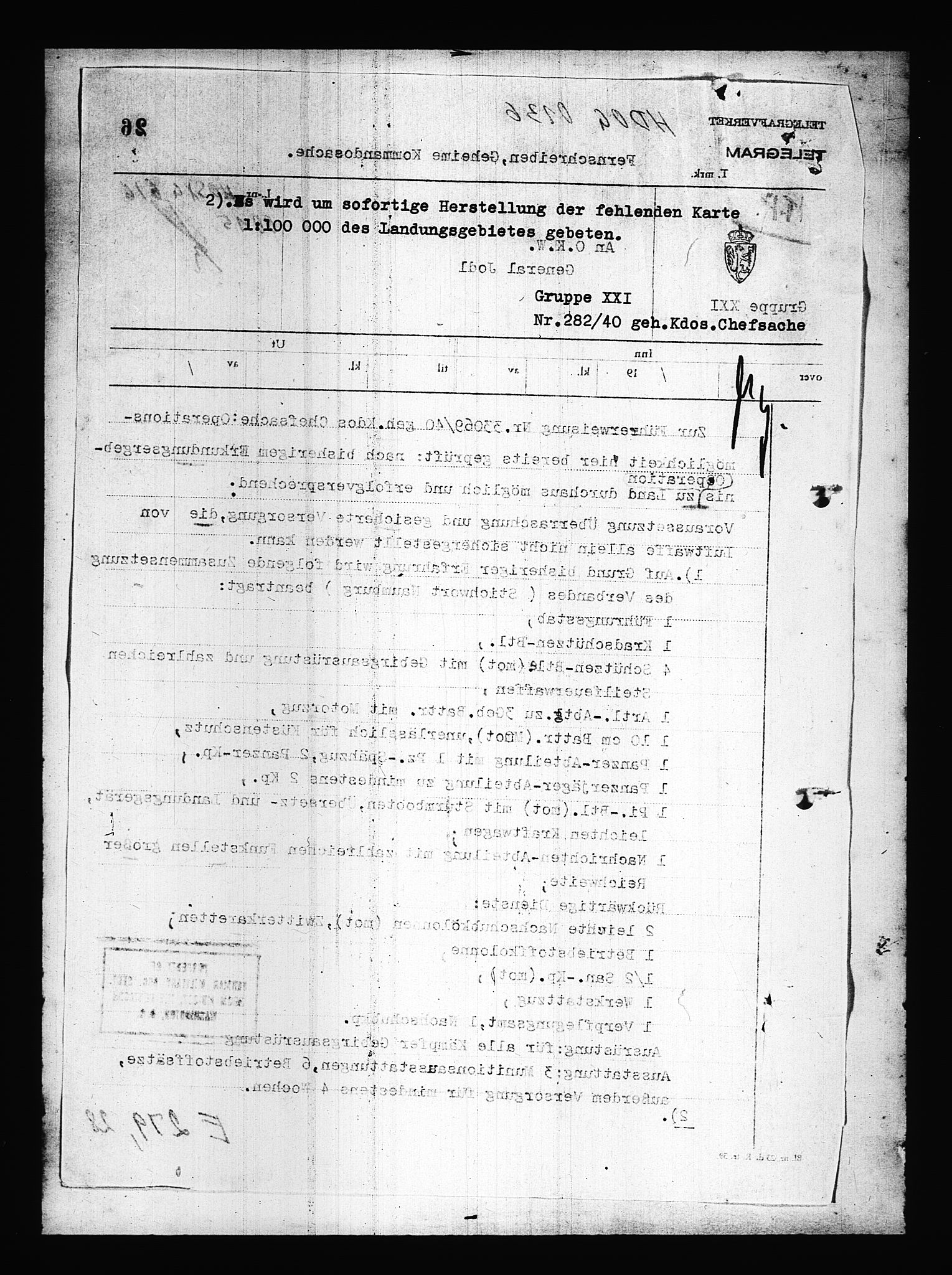 Documents Section, AV/RA-RAFA-2200/V/L0084: Amerikansk mikrofilm "Captured German Documents".
Box No. 723.  FKA jnr. 615/1954., 1940, s. 88