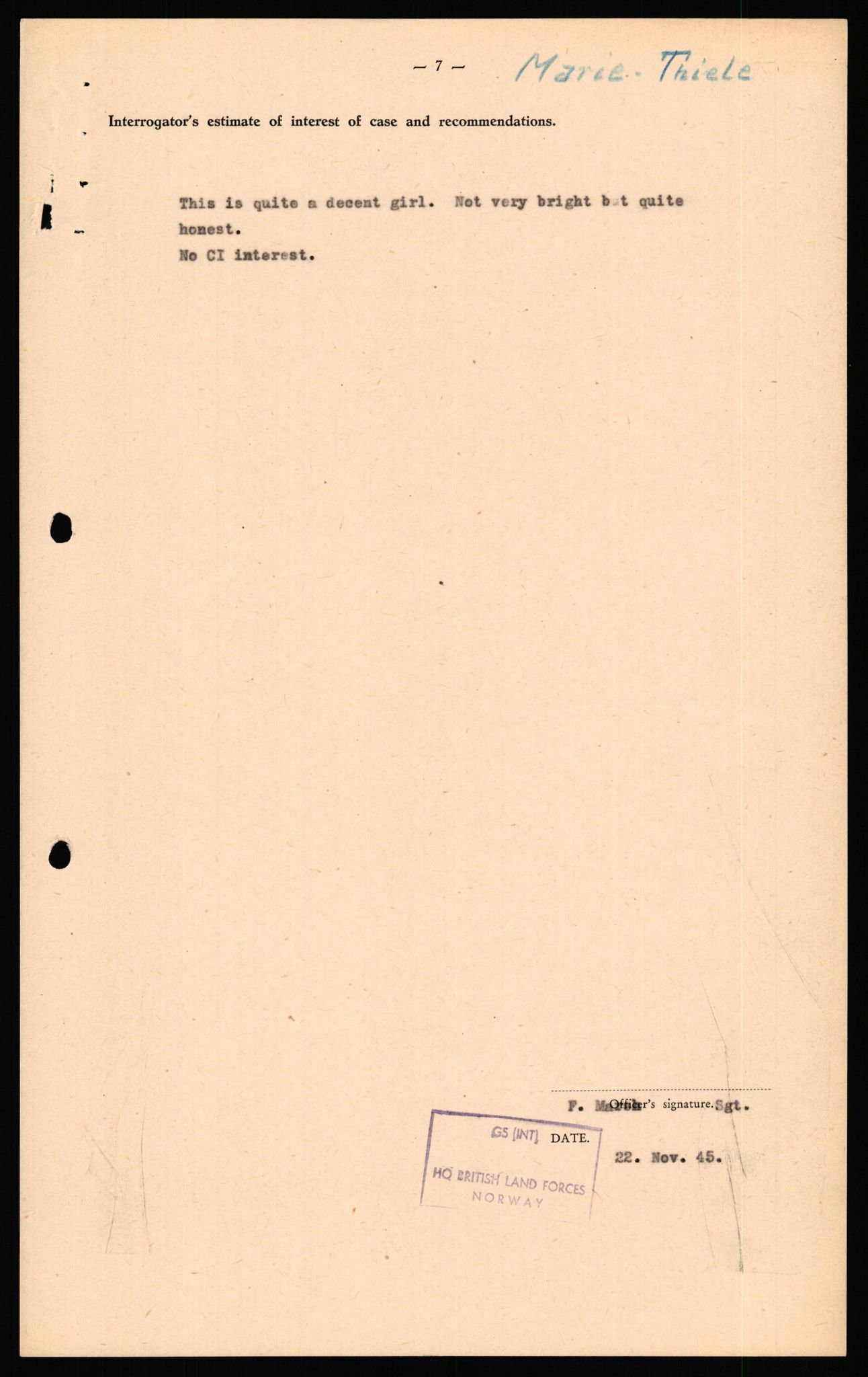 Forsvaret, Forsvarets overkommando II, RA/RAFA-3915/D/Db/L0033: CI Questionaires. Tyske okkupasjonsstyrker i Norge. Tyskere., 1945-1946, s. 446