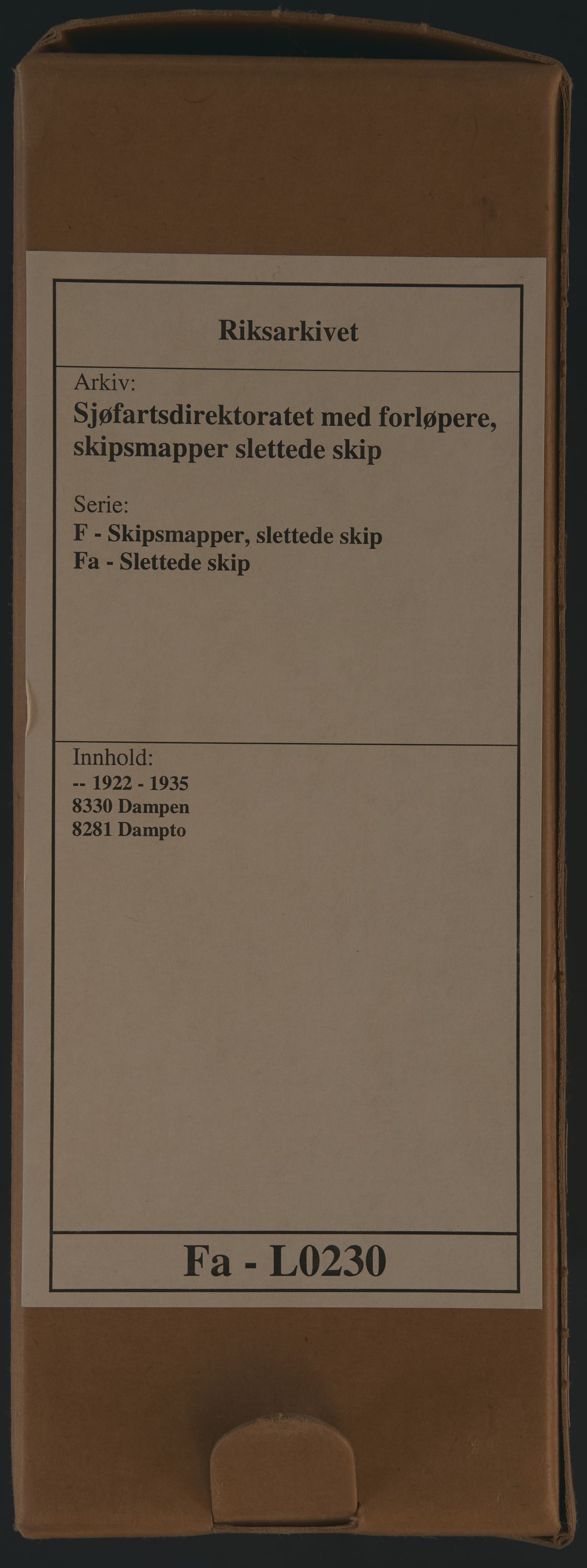Sjøfartsdirektoratet med forløpere, skipsmapper slettede skip, AV/RA-S-4998/F/Fa/L0230: --, 1922-1935, s. 1