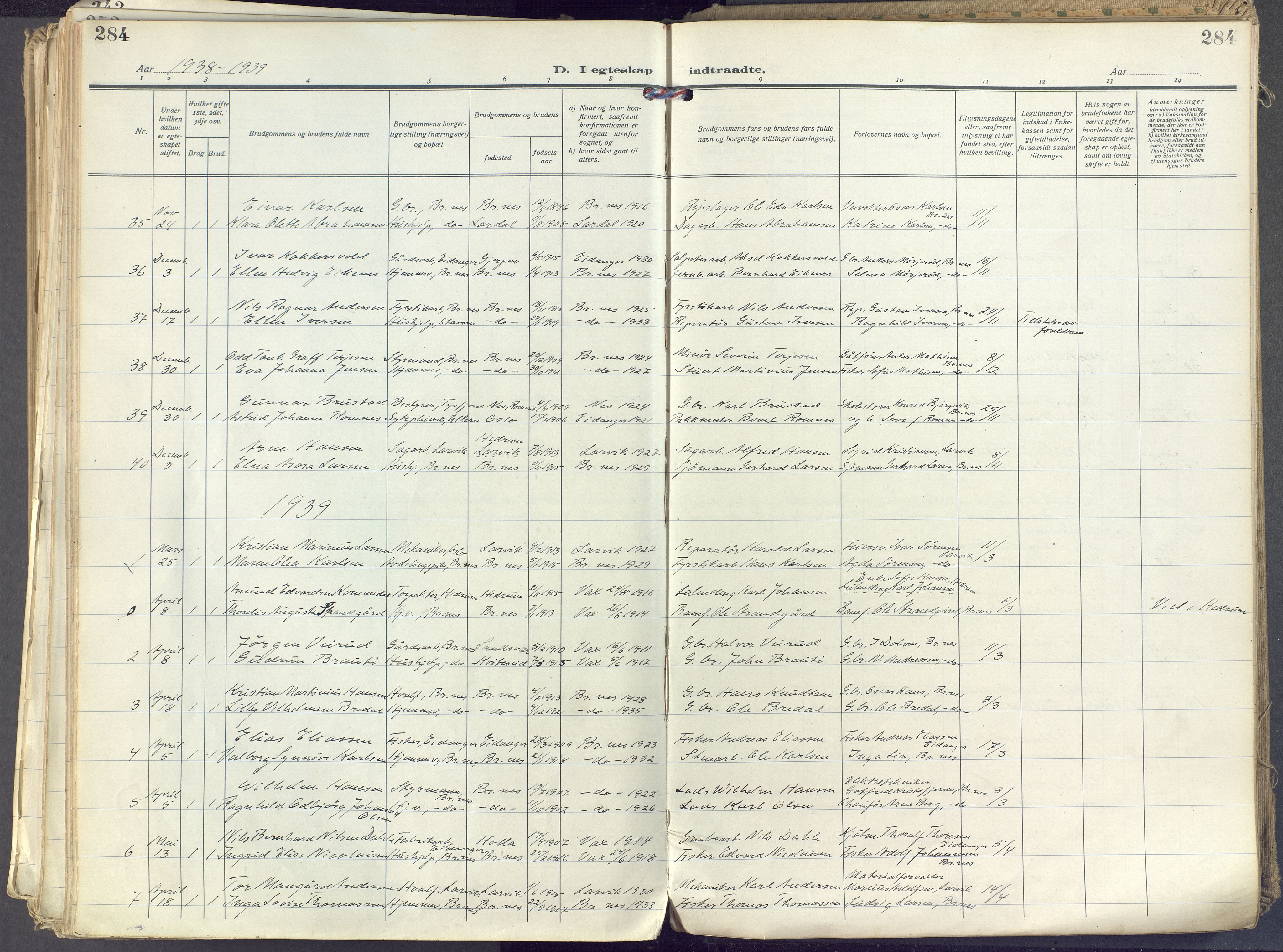 Brunlanes kirkebøker, SAKO/A-342/F/Fc/L0004: Ministerialbok nr. III 4, 1923-1943, s. 284