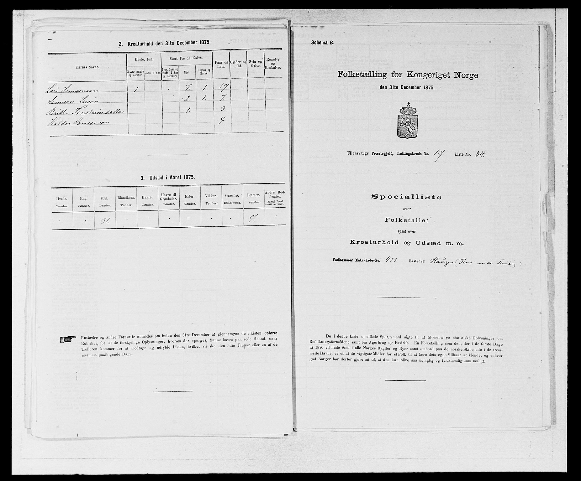 SAB, Folketelling 1875 for 1230P Ullensvang prestegjeld, 1875, s. 1853