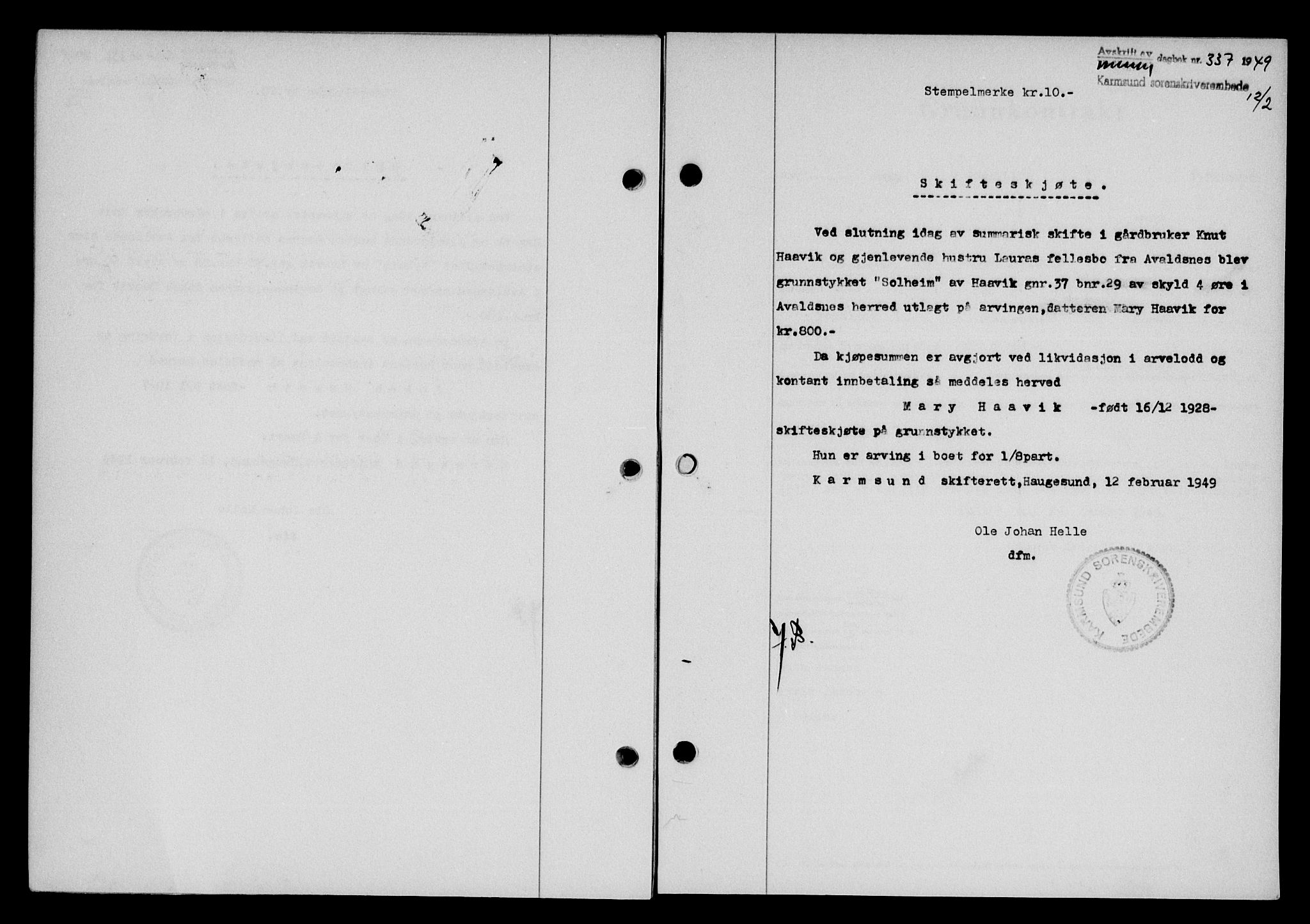 Karmsund sorenskriveri, SAST/A-100311/01/II/IIB/L0095: Pantebok nr. 75A, 1948-1949, Dagboknr: 337/1949