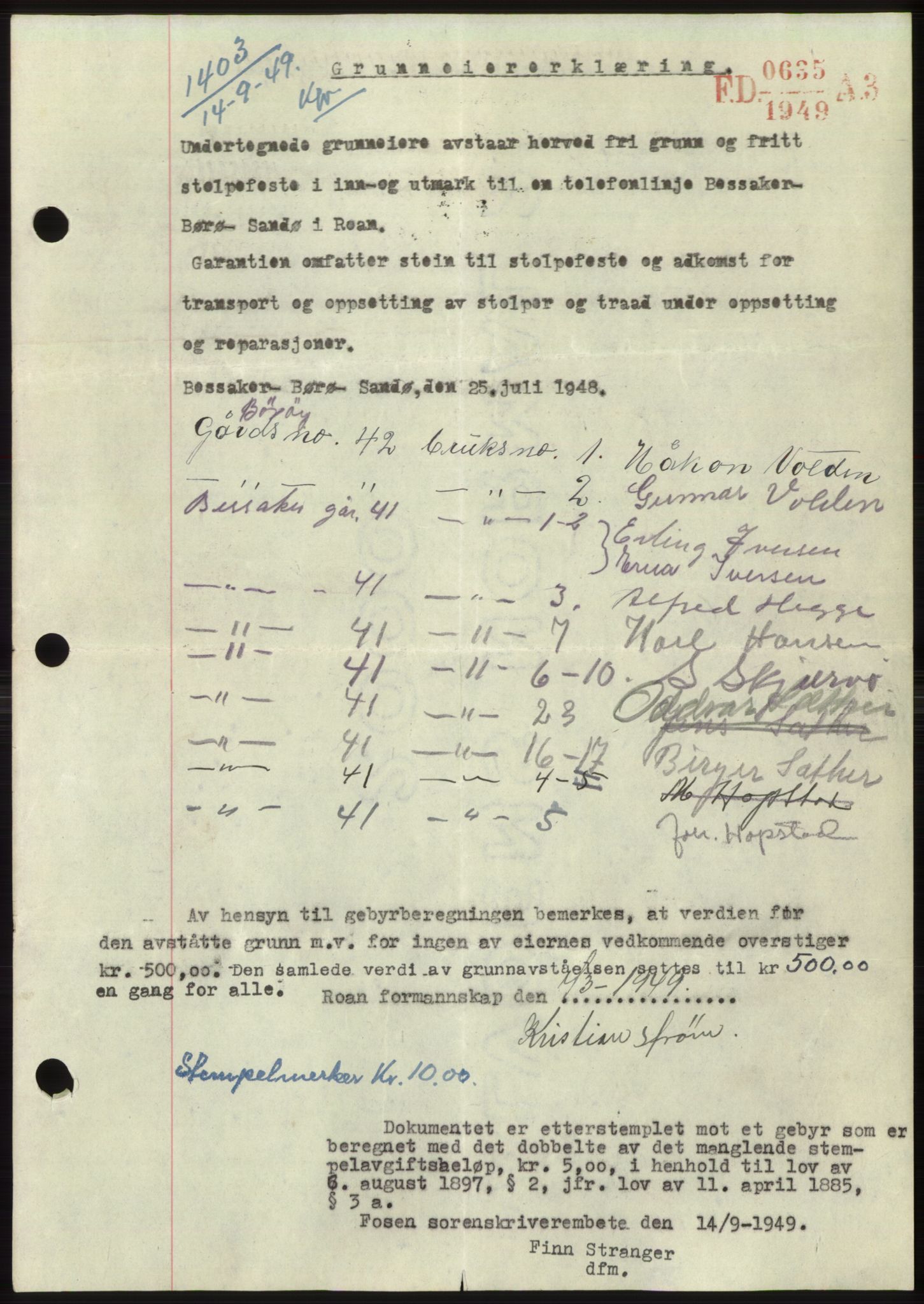 Fosen sorenskriveri, AV/SAT-A-1107/1/2/2C: Pantebok nr. B3, 1948-1950, Dagboknr: 1403/1949