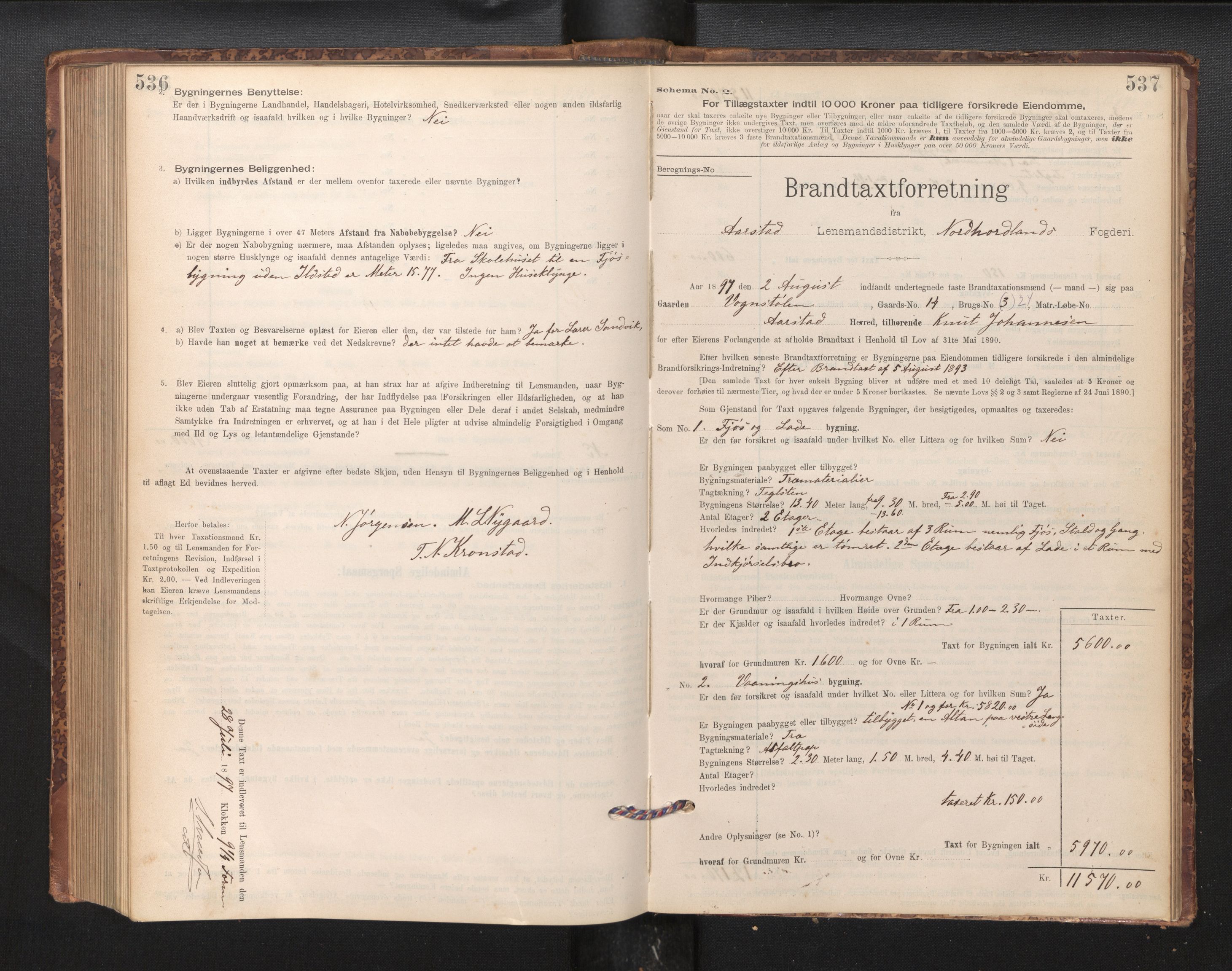 Lensmannen i Årstad, AV/SAB-A-36201/0012/L0011: Branntakstprotokoll,skjematakst, 1895-1901, s. 536-537