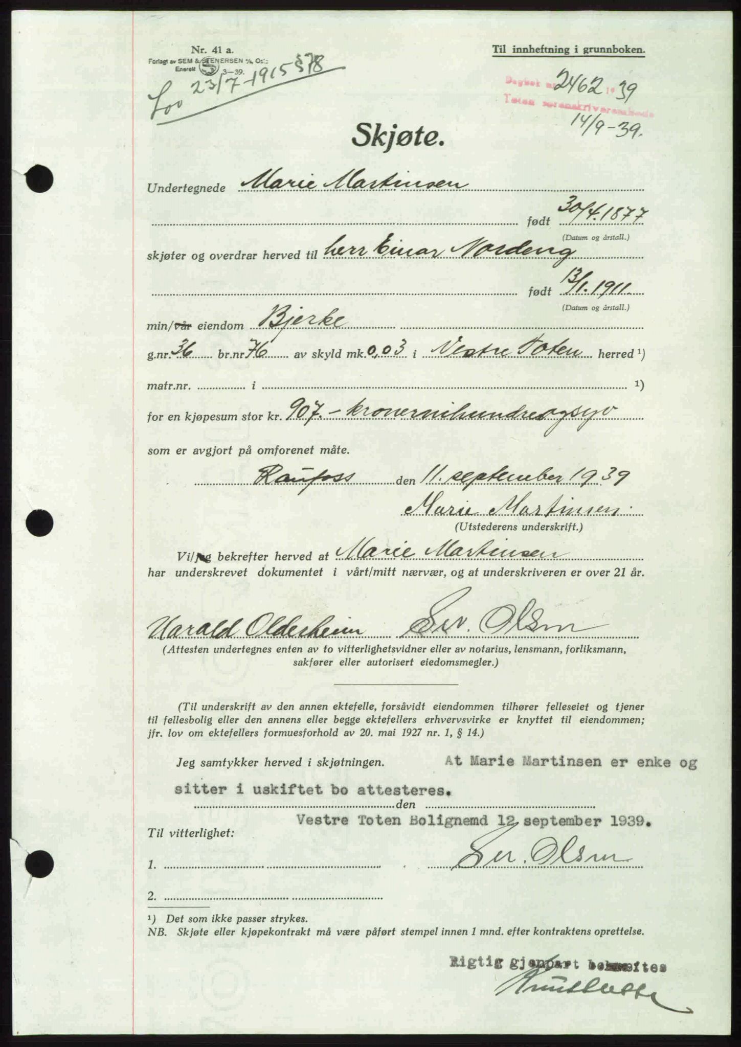 Toten tingrett, AV/SAH-TING-006/H/Hb/Hbc/L0006: Pantebok nr. Hbc-06, 1939-1939, Dagboknr: 2462/1939