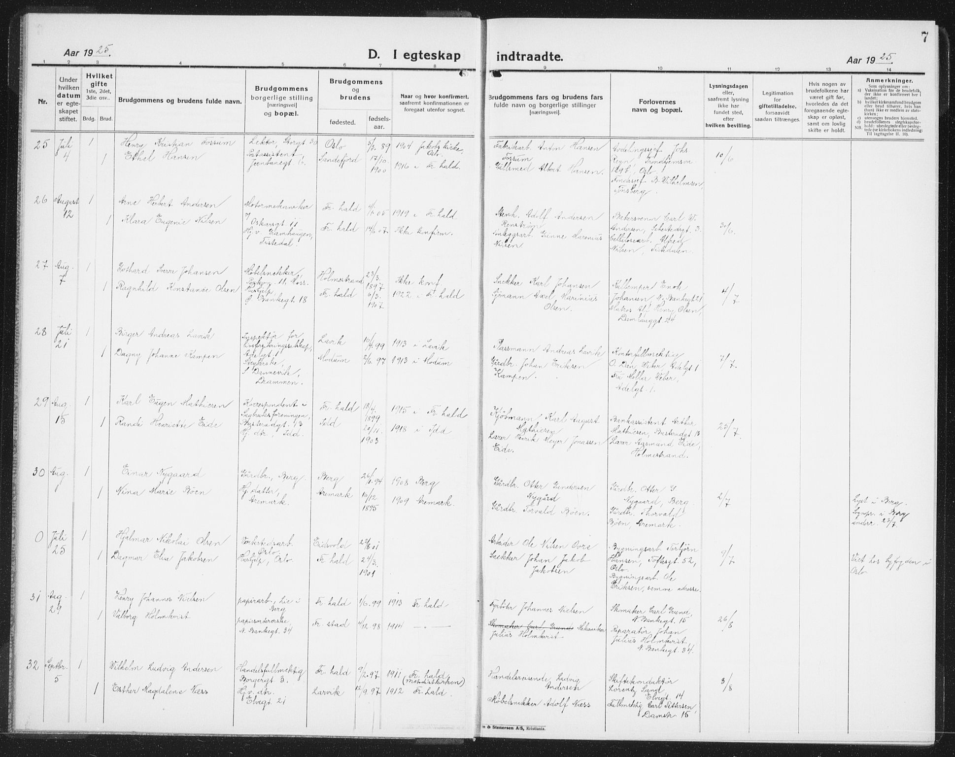 Halden prestekontor Kirkebøker, AV/SAO-A-10909/G/Ga/L0014: Klokkerbok nr. 14, 1925-1943, s. 7