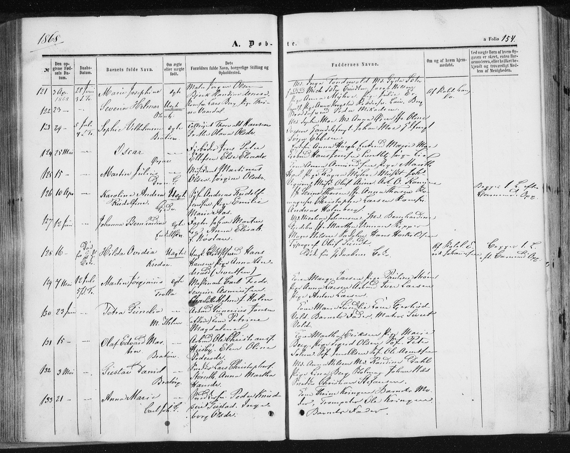 Ministerialprotokoller, klokkerbøker og fødselsregistre - Sør-Trøndelag, SAT/A-1456/602/L0115: Ministerialbok nr. 602A13, 1860-1872, s. 154