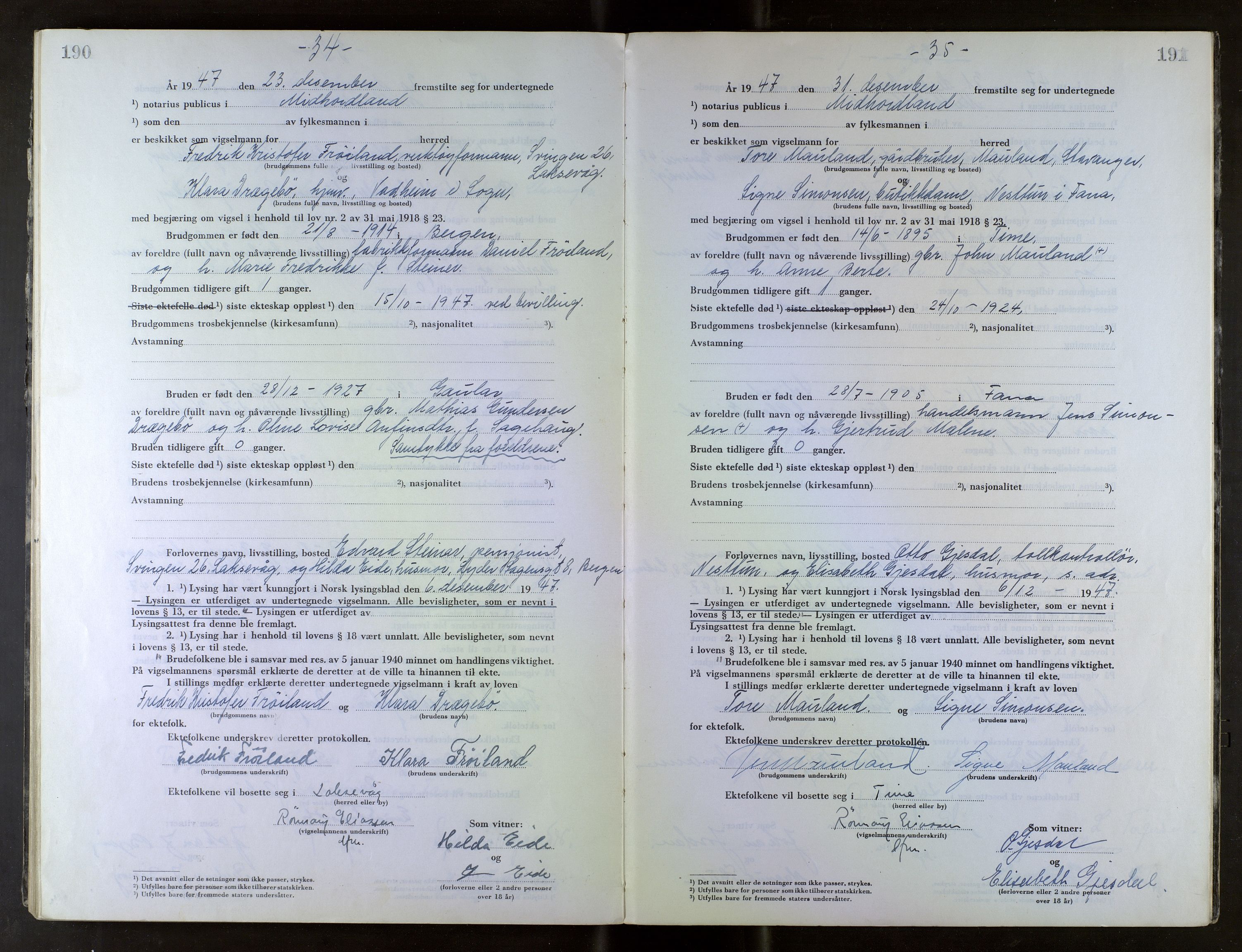 Midhordland sorenskriveri, AV/SAB-A-3001/1/M/Mc/Mca/L0007: Notarialbilag. Vigselbøker, 1945-1948, s. 190-191