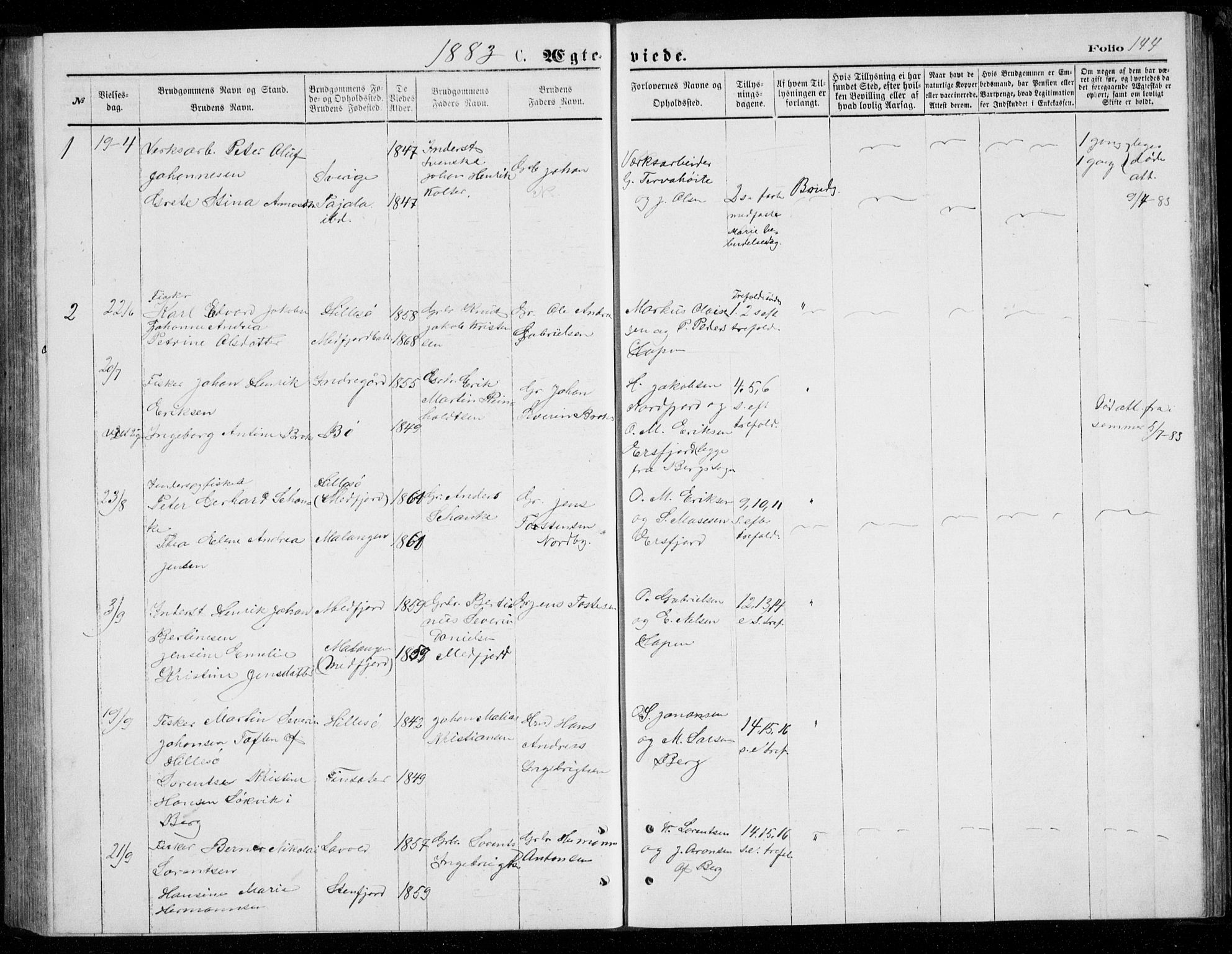 Berg sokneprestkontor, SATØ/S-1318/G/Ga/Gab/L0003klokker: Klokkerbok nr. 3, 1874-1886, s. 144