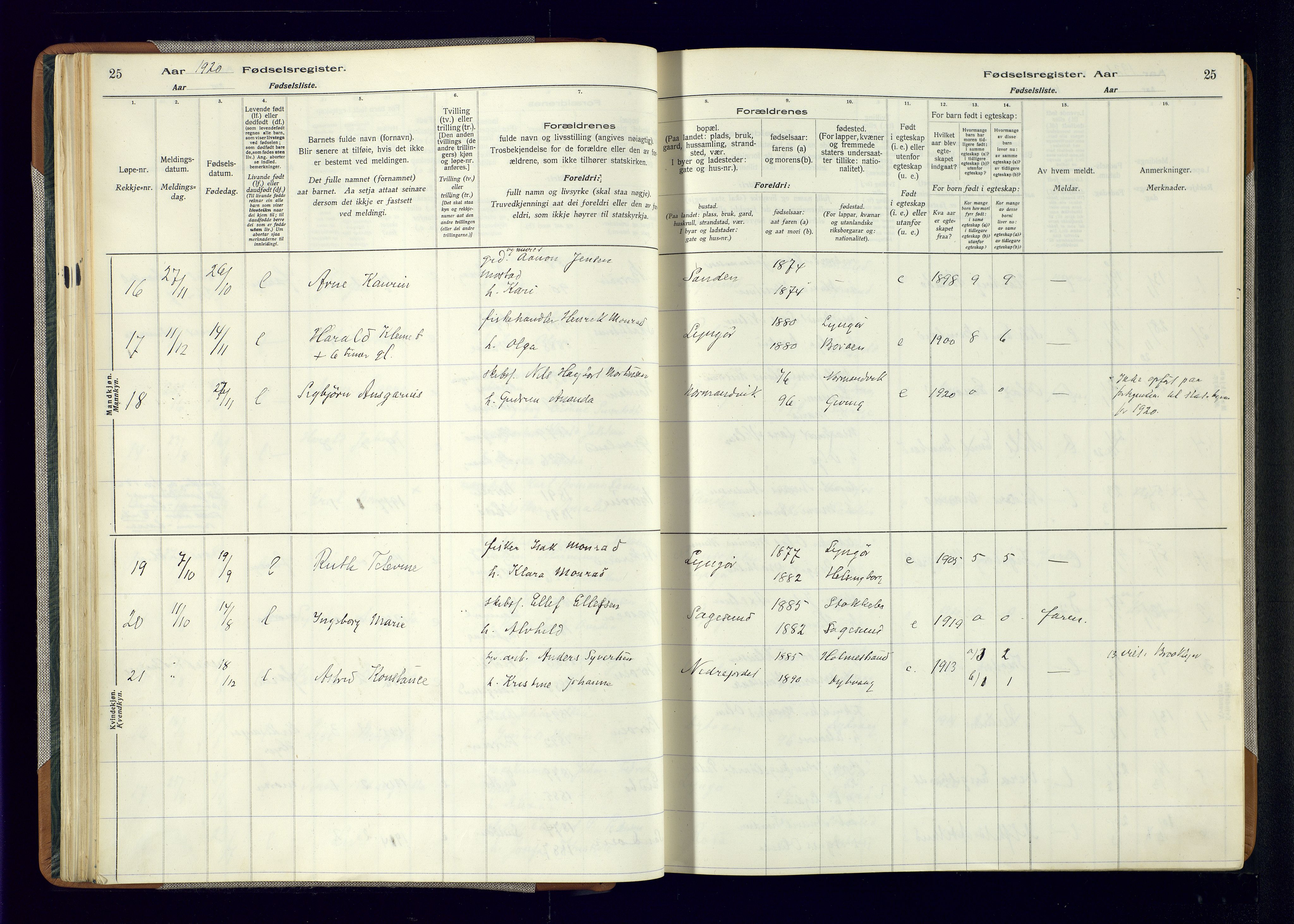 Dypvåg sokneprestkontor, AV/SAK-1111-0007/J/Ja/L0001: Fødselsregister nr. II.4.3, 1916-1975, s. 25