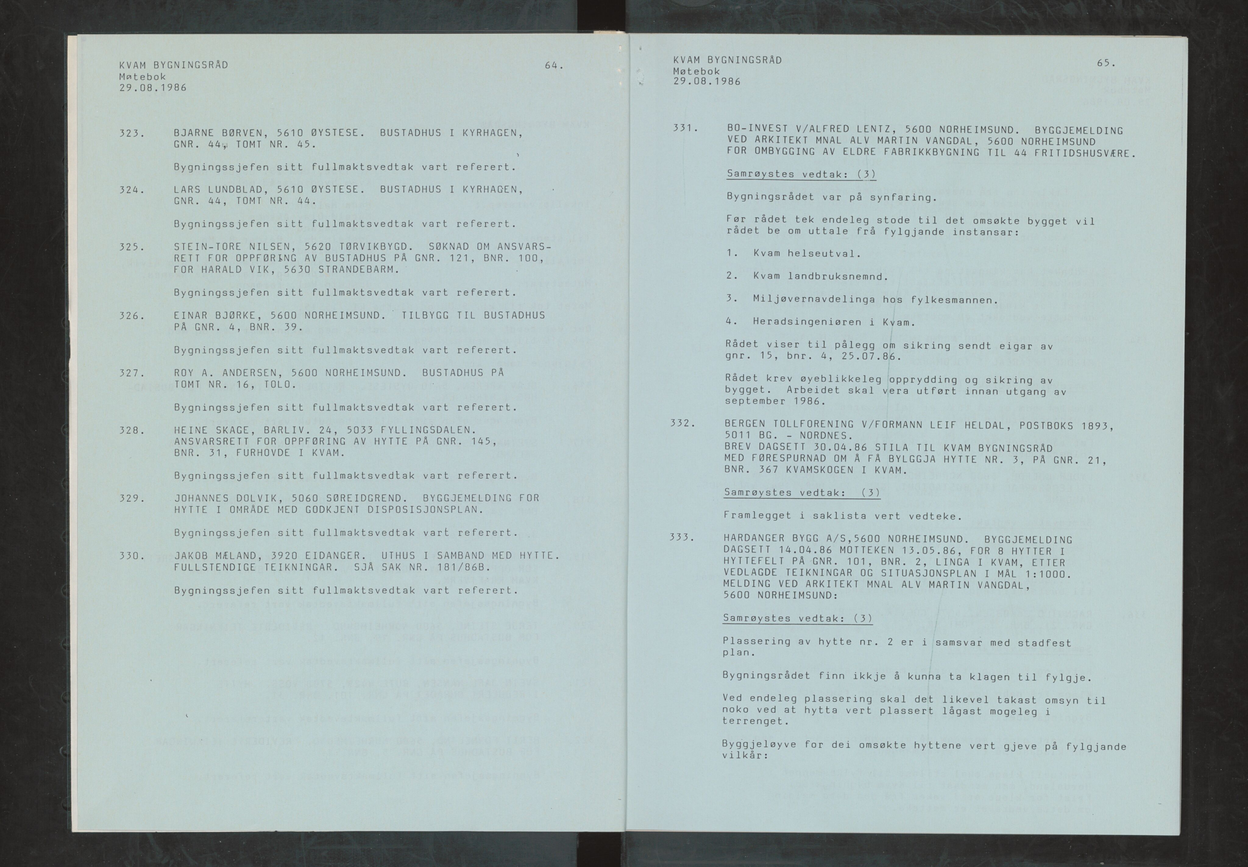 Kvam herad. Bygningsrådet, IKAH/1238-511/A/Ab/L0149: Utskrift av møtebok for Kvam bygningsråd, 1986