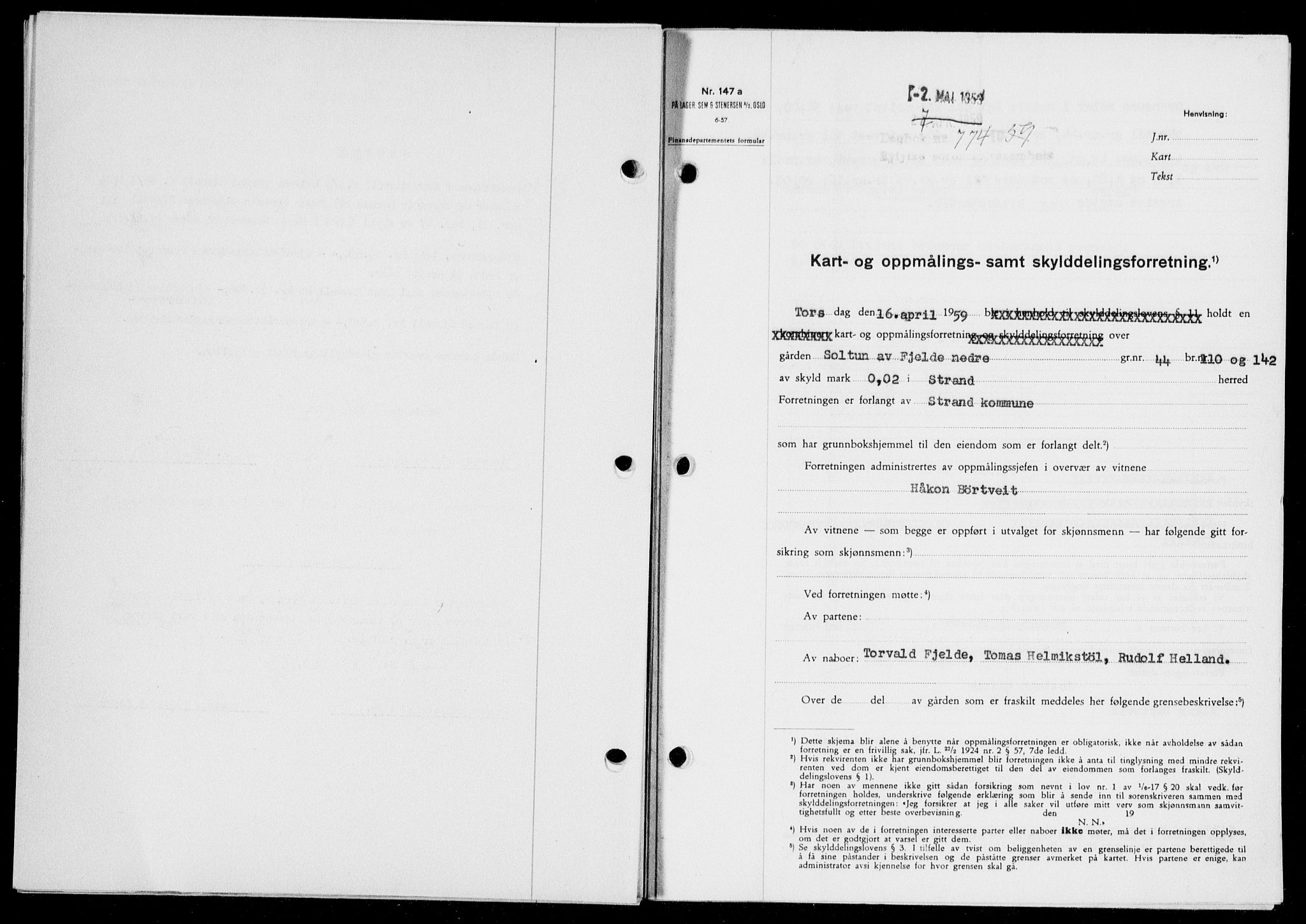 Ryfylke tingrett, SAST/A-100055/001/II/IIB/L0146: Pantebok nr. 125, 1965-1959, Dagboknr: 774/1959