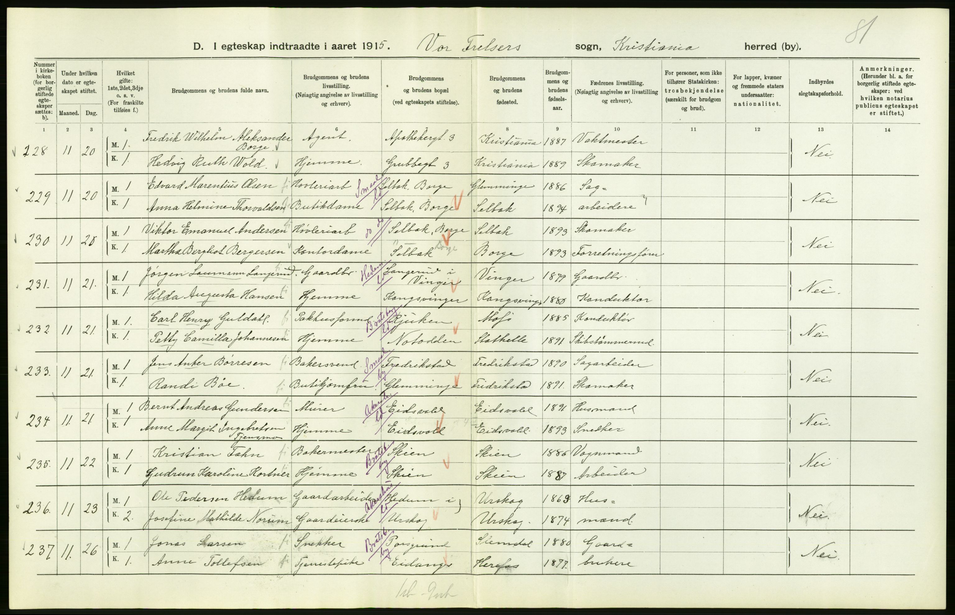 Statistisk sentralbyrå, Sosiodemografiske emner, Befolkning, AV/RA-S-2228/D/Df/Dfb/Dfbe/L0008: Kristiania: Gifte., 1915, s. 22