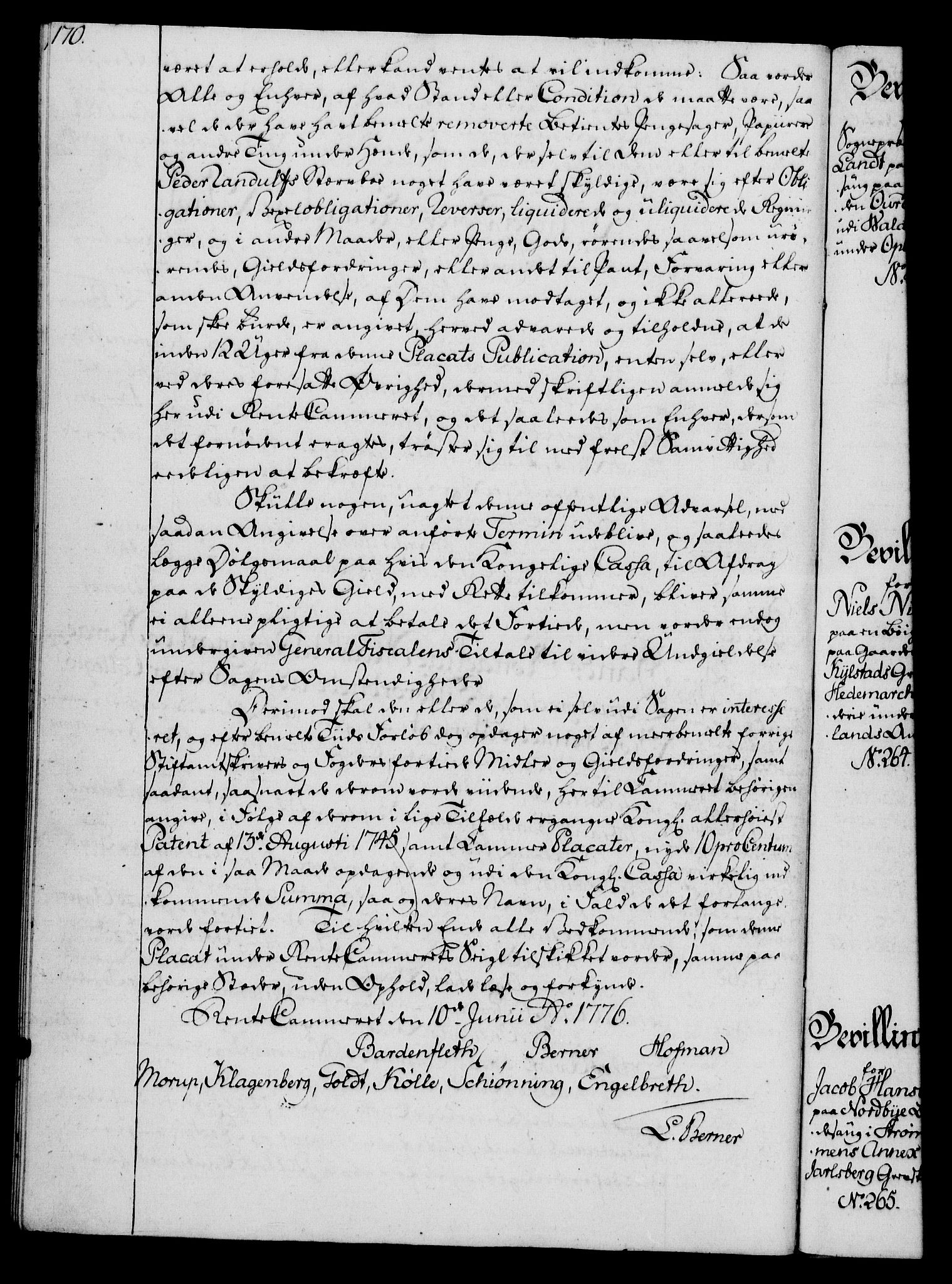 Rentekammeret, Kammerkanselliet, RA/EA-3111/G/Gg/Gga/L0010: Norsk ekspedisjonsprotokoll med register (merket RK 53.10), 1773-1778, s. 170