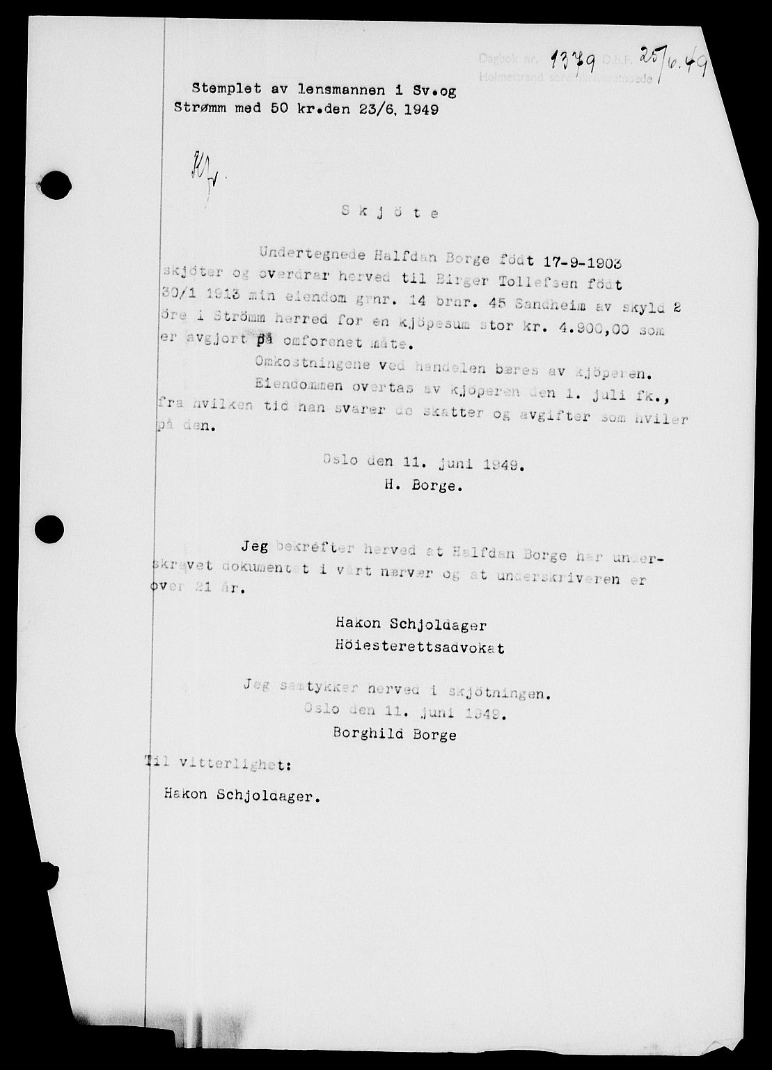 Holmestrand sorenskriveri, SAKO/A-67/G/Ga/Gaa/L0066: Pantebok nr. A-66, 1949-1949, Dagboknr: 1379/1949