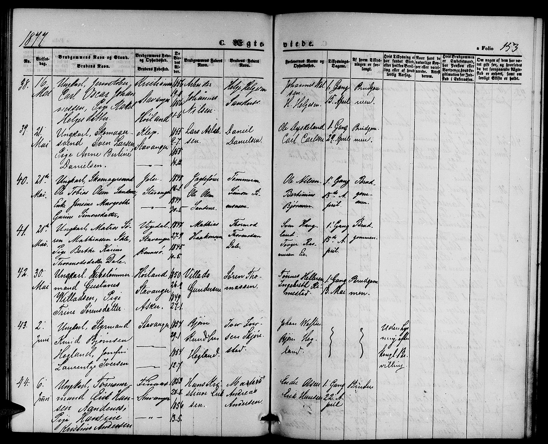 St. Petri sokneprestkontor, AV/SAST-A-101813/001/30/30BB/L0002: Klokkerbok nr. B 2, 1865-1885, s. 153