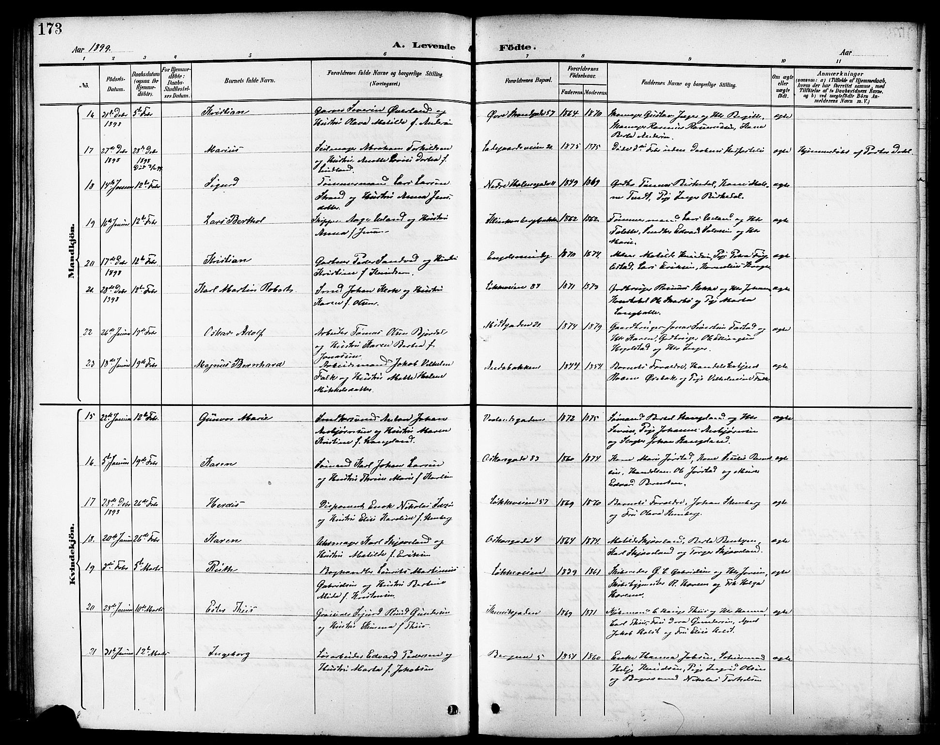 Domkirken sokneprestkontor, AV/SAST-A-101812/001/30/30BB/L0016: Klokkerbok nr. B 16, 1891-1902, s. 173