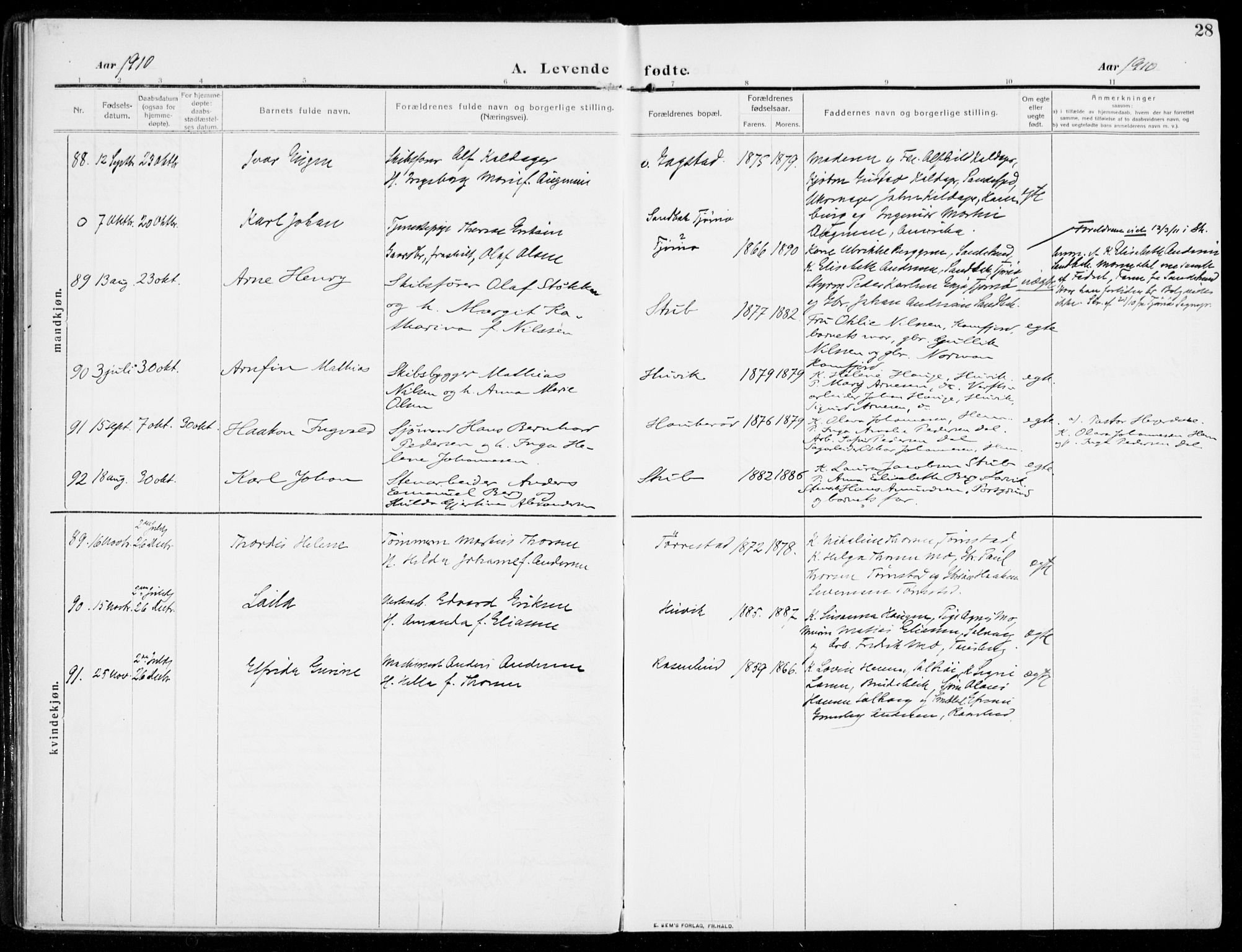 Sandar kirkebøker, AV/SAKO-A-243/F/Fa/L0016: Ministerialbok nr. 16, 1909-1919, s. 28