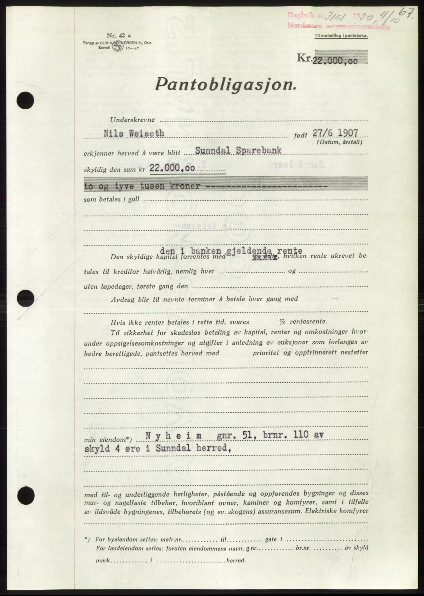 Nordmøre sorenskriveri, SAT/A-4132/1/2/2Ca: Pantebok nr. B106, 1950-1950, Dagboknr: 3101/1950