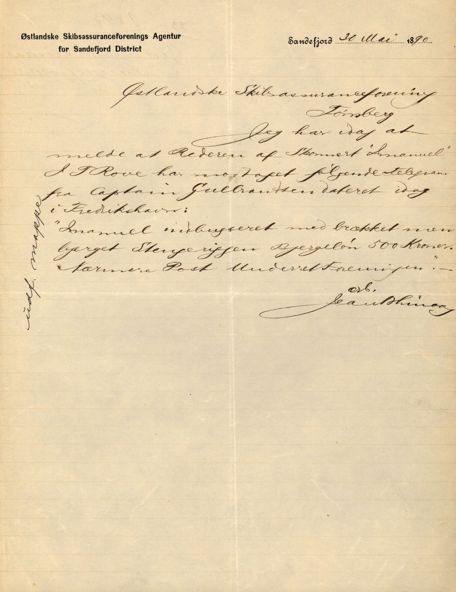 Pa 63 - Østlandske skibsassuranceforening, VEMU/A-1079/G/Ga/L0025/0004: Havaridokumenter / Imanuel, Hefhi, Guldregn, Haabet, Harald, Windsor, 1890, s. 2