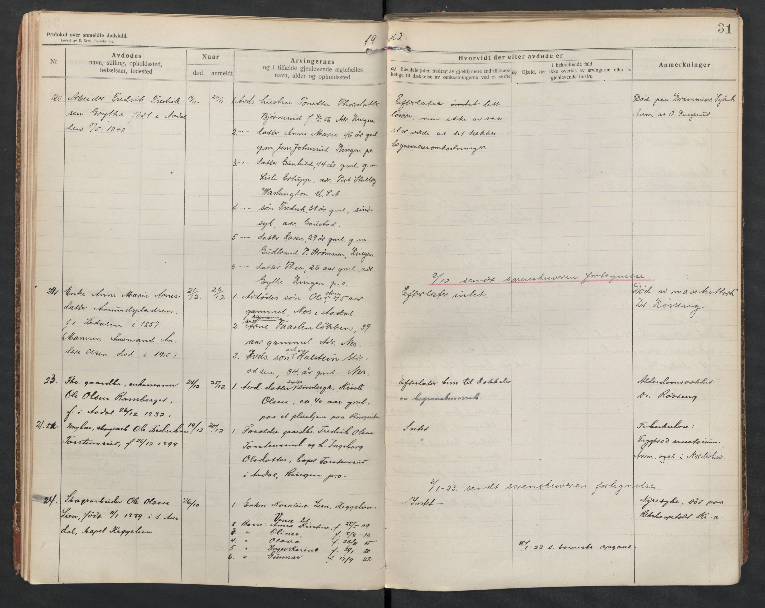 Ådal lensmannskontor, SAKO/A-518/H/Ha/L0001/0002: Dødsfallsprotokoll  / Dødsfallsprotokoll 2, 1919-1942, s. 31