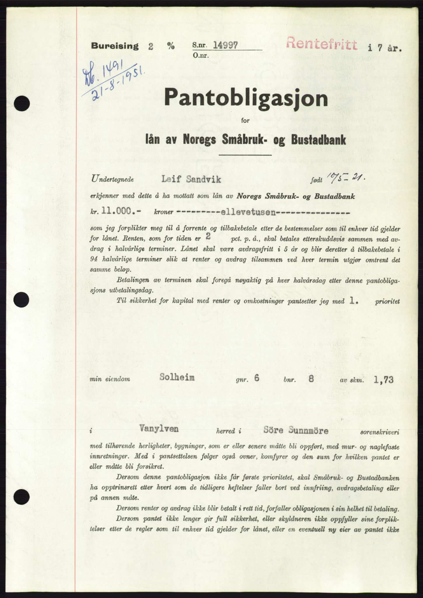 Søre Sunnmøre sorenskriveri, SAT/A-4122/1/2/2C/L0120: Pantebok nr. 8B, 1951-1951, Dagboknr: 1491/1951