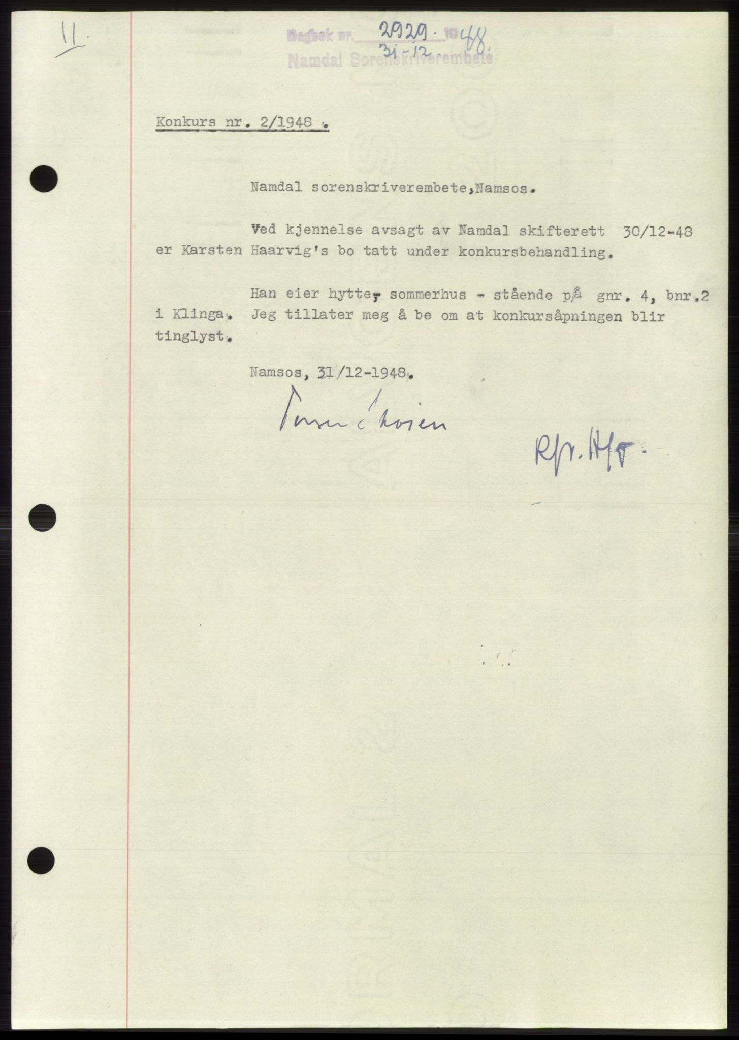 Namdal sorenskriveri, SAT/A-4133/1/2/2C: Pantebok nr. -, 1948-1948, Dagboknr: 2929/1948