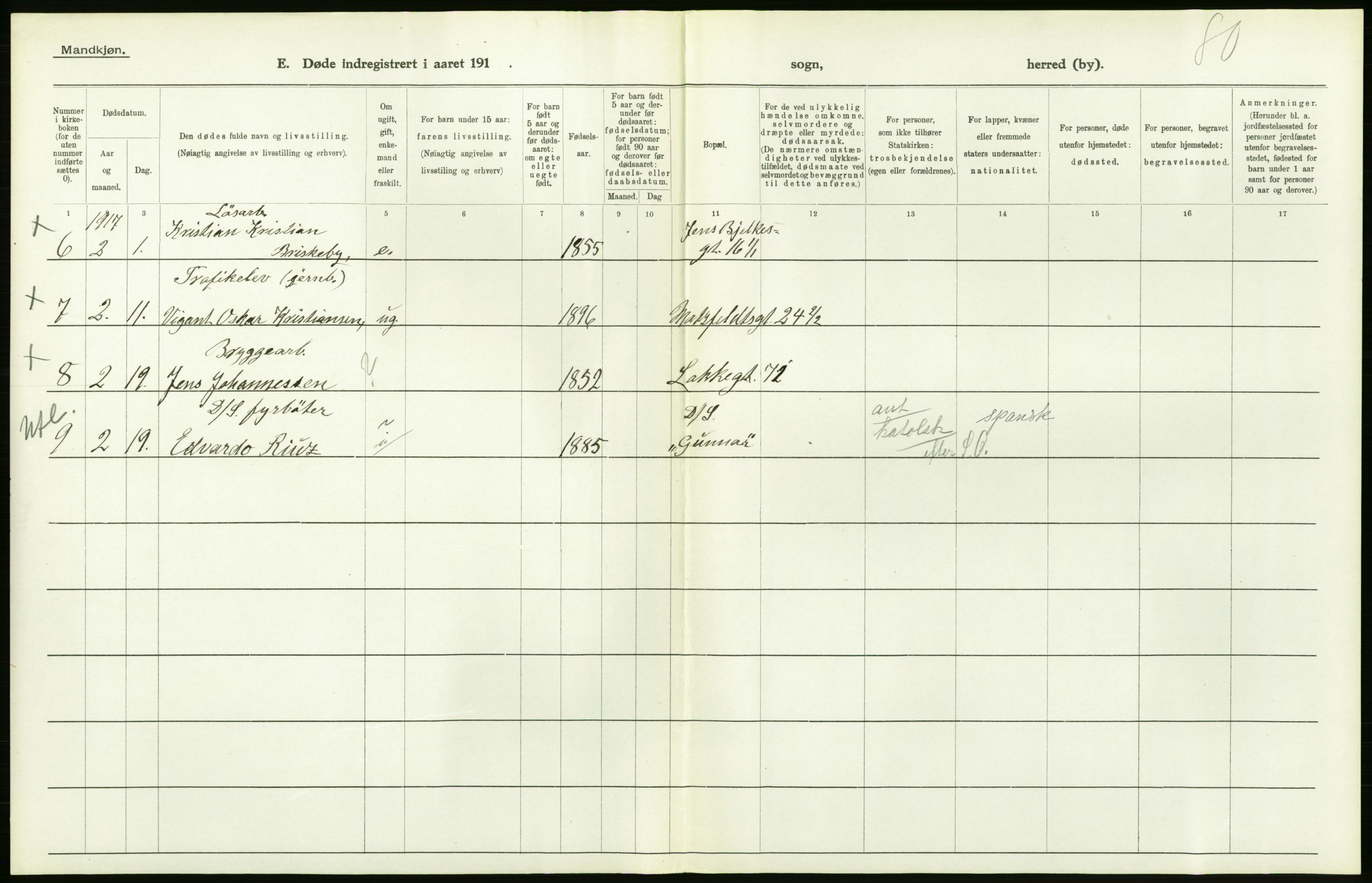 Statistisk sentralbyrå, Sosiodemografiske emner, Befolkning, AV/RA-S-2228/D/Df/Dfb/Dfbg/L0011: Kristiania: Døde, dødfødte., 1917, s. 60