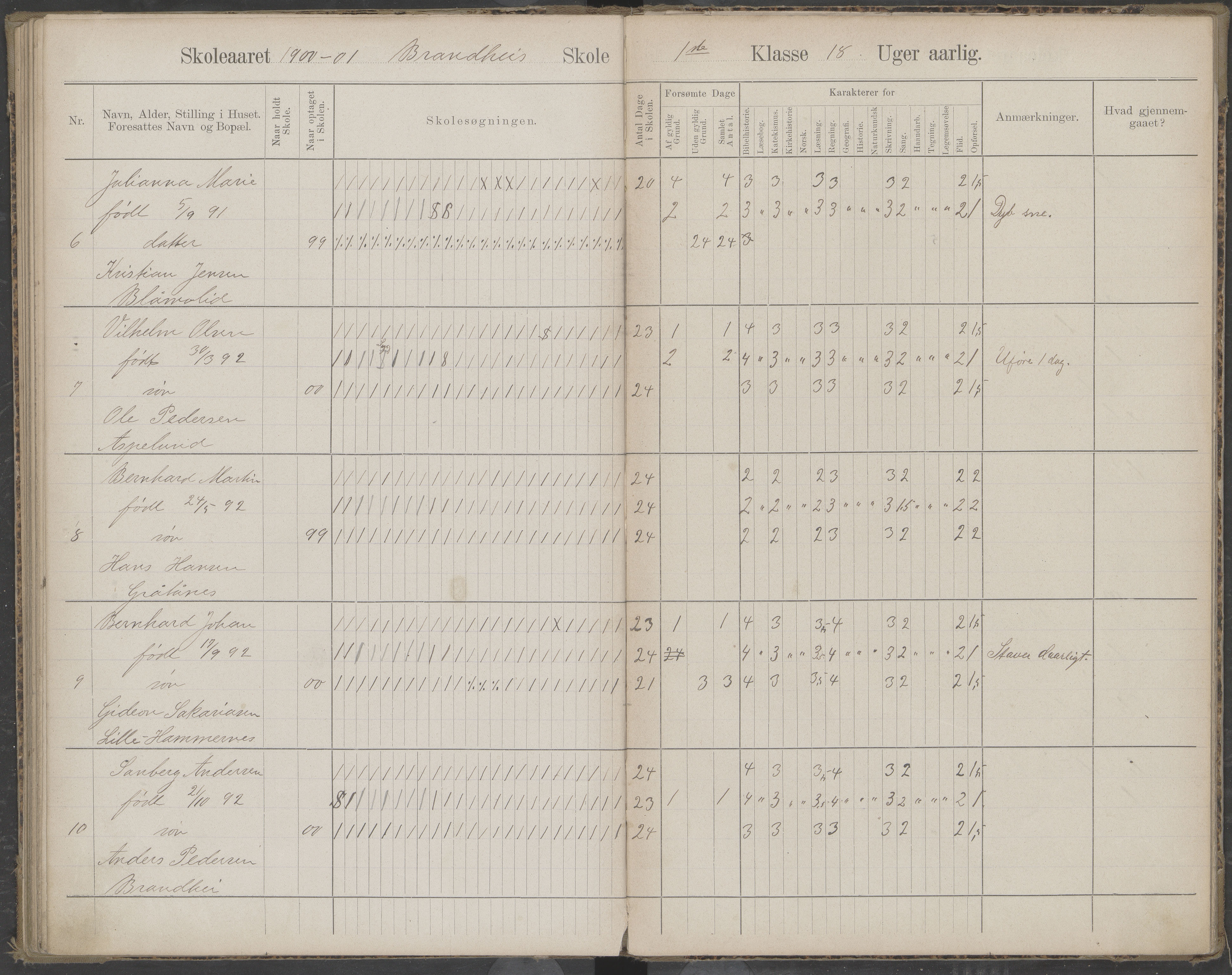 Beiarn kommune. Brandhei skolekrets, AIN/K-18390.510.03/442/L0003: Karakter/oversiktsprotokoll, 1893-1910