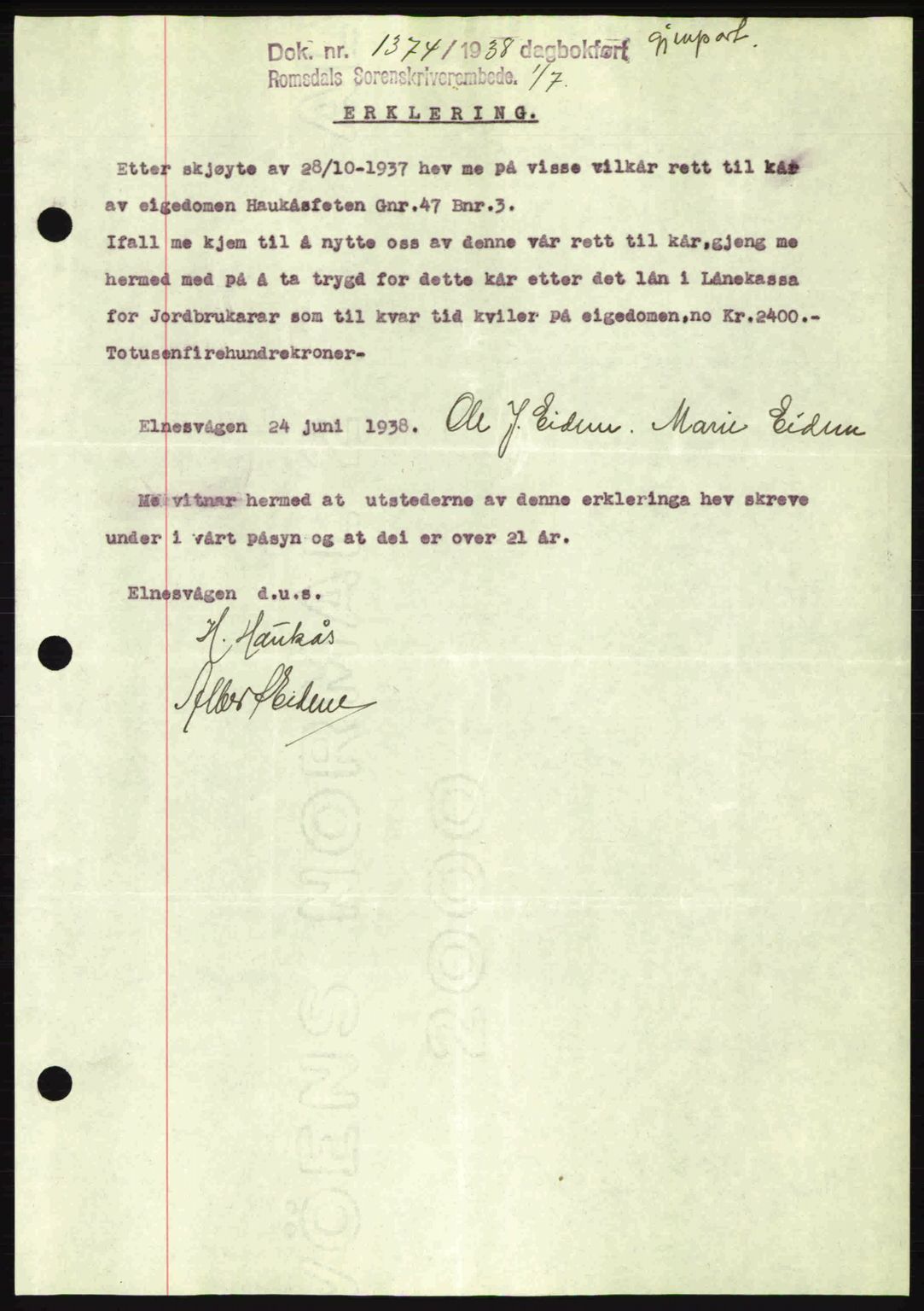 Romsdal sorenskriveri, SAT/A-4149/1/2/2C: Pantebok nr. A5, 1938-1938, Dagboknr: 1374/1938